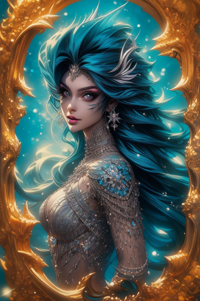 ( Absurd , High quality , ultra detailed, careful with hand ) Mermaid , mermaid tail , dreamy , vivid, romantic, whole body . Optimistic, fair-minded, funny and intellectual face . Reckless, cold-hearted, impatient, overconfident style . Mature , Dark blue eyes (eyes detail) , long hair , deep blue hair with bling bling , in the ocean , water