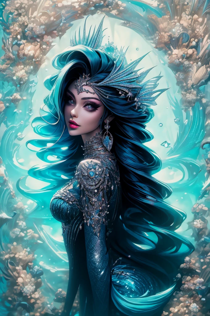( Absurd , High quality , ultra detailed, careful with hand ) Mermaid , mermaid tail , dreamy , vivid, romantic, whole body . Optimistic, fair-minded, funny and intellectual face . Reckless, cold-hearted, impatient, overconfident style . Mature , Dark blue eyes (eyes detail) , long hair , deep blue hair with bling bling , in the ocean , water