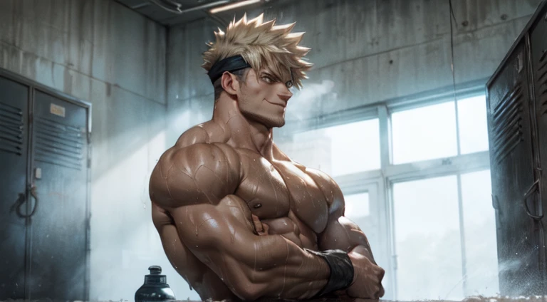 (best quality,4k,highres,masterpiece:1.2),ultra-detailed,realistic:1.37,men Bakugou Katsuki,locker room,taking off clothes,handsome,athletic build,wet bodies,sweat glistening on skin,glistening muscles,rippling abs,shadows and highlights,toned backs,broad shoulders,defined jawlines,piercing eyes,dripping water drops,wet hair,sensuous lips,confidence,masculinity,charismatic smiles,eyes filled with intensity,locker decorations,steam in the air,moisture on mirrors,dimmed lighting,strong contrast,body tattoos,sleek and modern lockers,luxurious bench,shower area in the background,stainless steel accessories,steam rising,exhaust fan noise,intriguing composition,blue color tones,spotlights casting dramatic shadows,professional sports club atmosphere