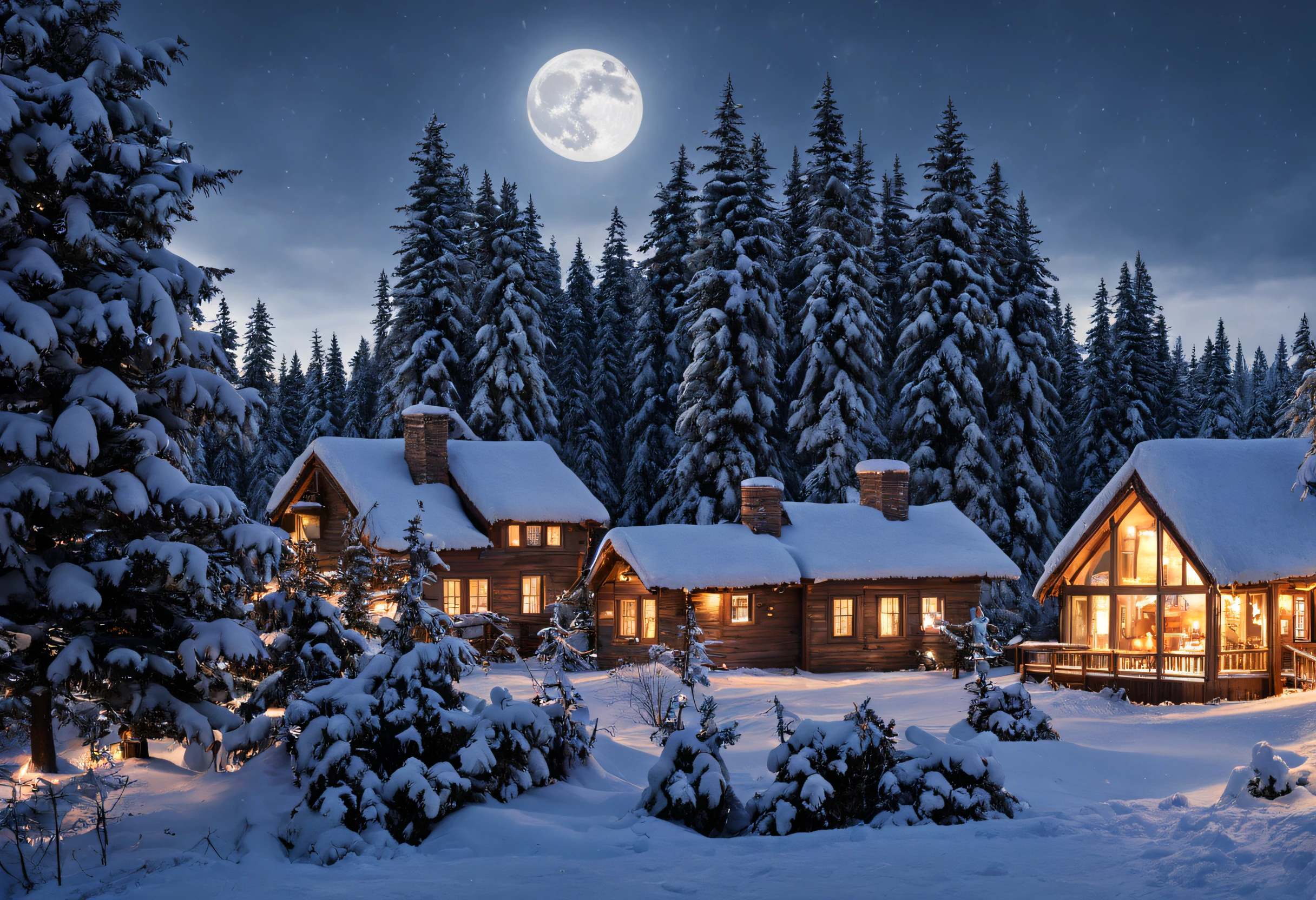 (best quality,4k,8k,highres,masterpiece:1.2),ultra-detailed,(realistic,photorealistic,photo-realistic:1.37),winter wonderland in a village with wooden houses,snow-covered scenery,cozy atmosphere,peaceful,serene,quiet,twinkling lights,smoke rising from chimneys,snowflakes gently falling from the sky,soft powdery snow on trees and rooftops,frosted windows,frozen pond with ice skaters,enchanting,whimsical,candlelit windows,children building snowmen,sleigh rides,horse-drawn carriages,jingling bells,crisp air,steaming cups of hot cocoa,roaring fireplace,woolen scarves and mittens,ice crystals reflecting sunlight,icy breath,full moon shining brightly,icy branches glistening,magical,ethereal,sparkling stars,glowing lanterns,wooden sleds leaning against houses,crunchy footsteps in the snow.