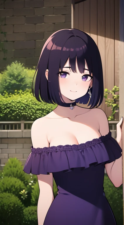 Best quality, masterpiece, Teenager, Hotaru Tomoe, Short Hair, Black Hair, Bob Hair, Bob Haircut, Purple Eyes, Smile, Bare Neck, Bare Arms, Bare Shoulders, Purple Dress, Strapless Purple Dress, Lace Off-shoulder top, Ruffle Off-the-Shoulder Top, Maxi Dress, Outside the Mansion, Looking at You, daytime, garden background, standing up