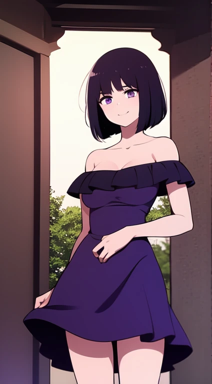 Best quality, masterpiece, Teenager, Hotaru Tomoe, Short Hair, Black Hair, Bob Hair, Bob Haircut, Purple Eyes, Smile, Bare Neck, Bare Arms, Bare Shoulders, Purple Dress, Strapless Purple Dress, Lace Off-shoulder top, Ruffle Off-the-Shoulder Top, Maxi Dress, Outside the Mansion, Looking at You, daytime, garden background, standing up