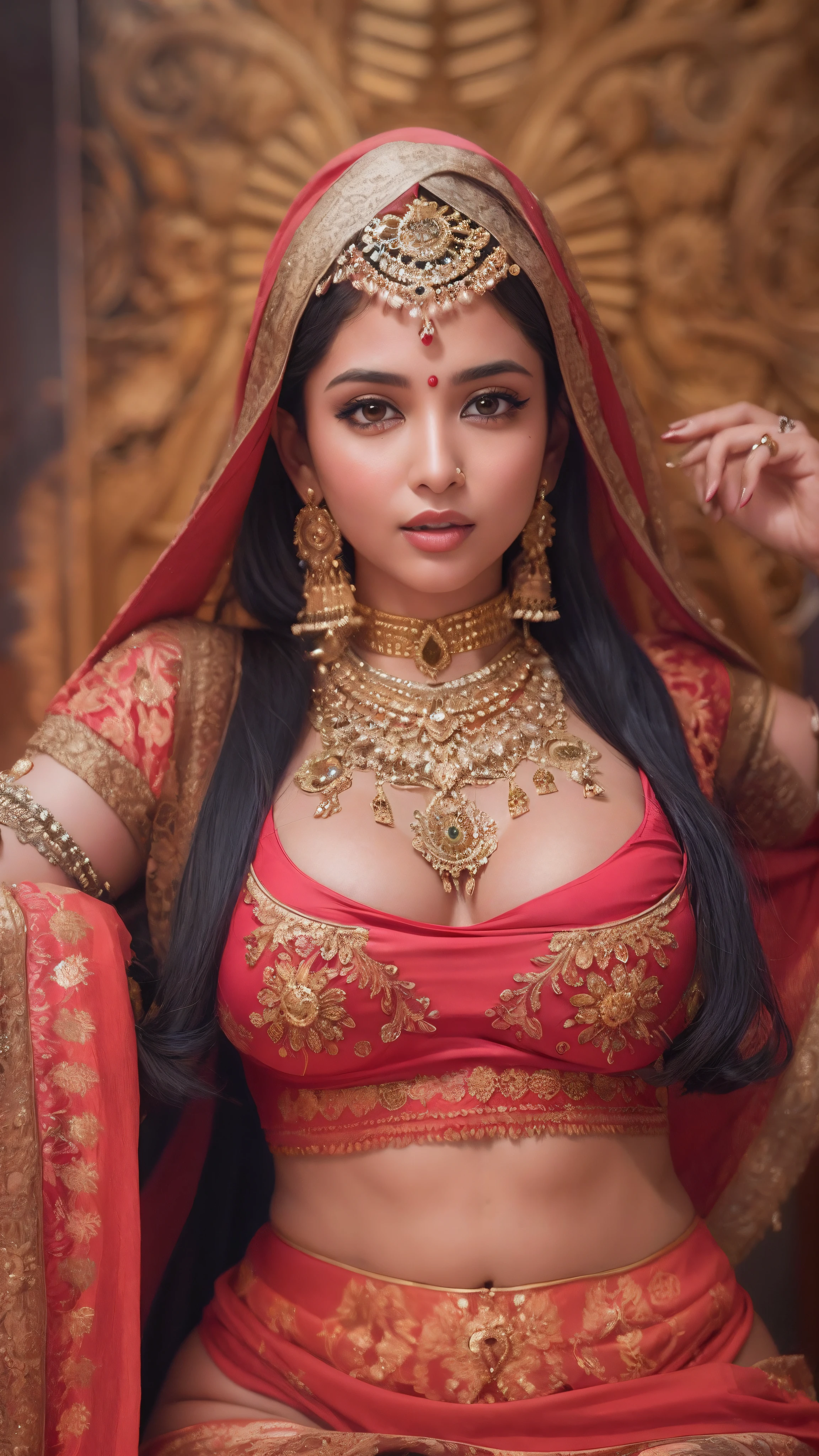 a woman in a sari posing for a picture, indian goddess, traditional beauty, indian, beautiful goddess, ornate cosplay, indian style, indian super model, beautiful maiden, gorgeous woman, south east asian with long, provocative indian, gorgeous beautiful woman, intricate outfit, hindu aesthetic, beautiful asian girl, extremely detailed goddess shot, jaw-dropping beauty, big boobs deep cleavage sexy navel, big boobs deep cleavage, sexy indian women, massive boobs in sexy bikni fusion full body