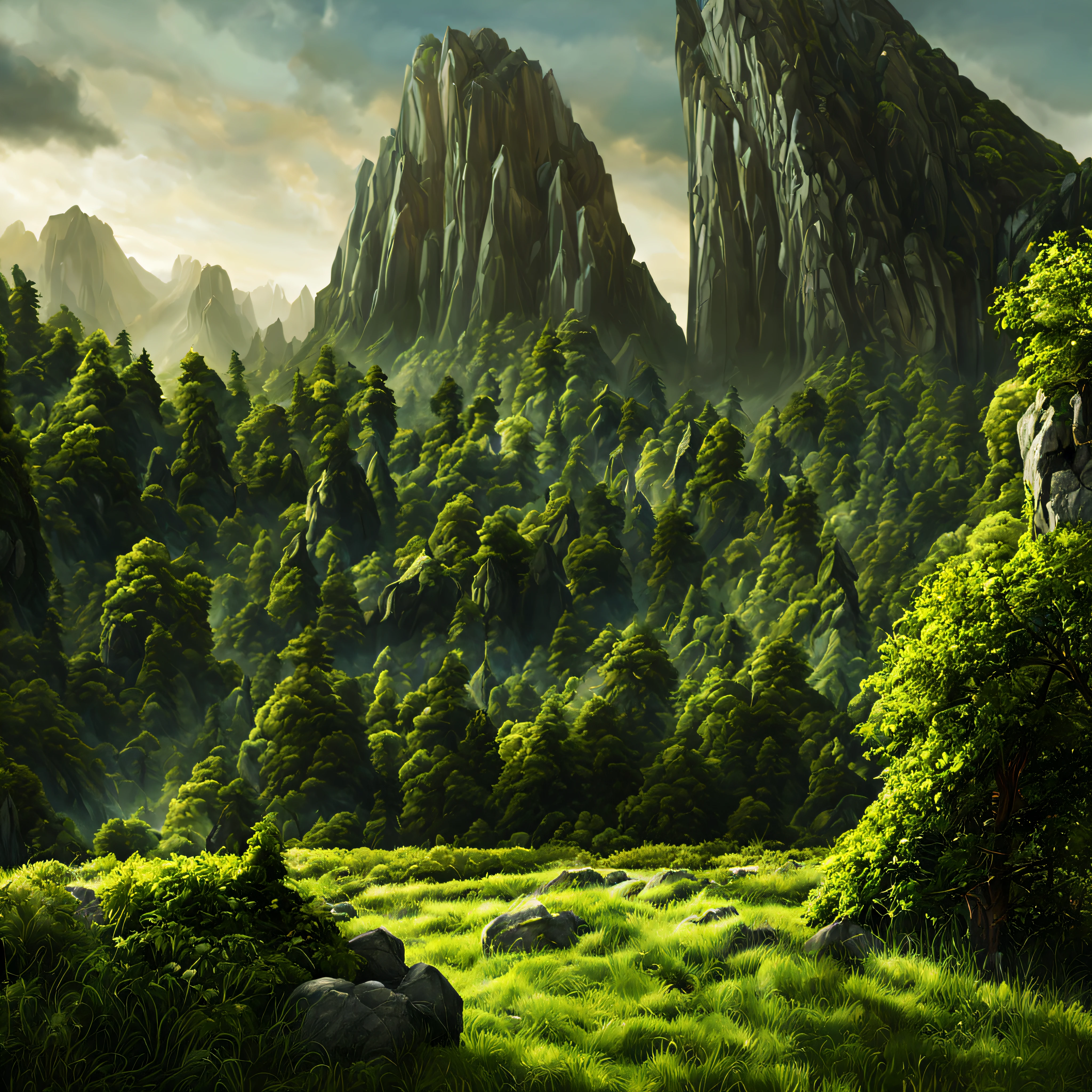 create a digital matte painting of a forest landscape with many tall green trees, with giant rocky mountains in a science fiction movie setting with an ancient stone temple embedded in a tall rocky mountain, the scene takes place in a clearing in the center of a dense and wide forest of trees and giant plants, in the sky of this illustration, um astronauta masculino de uniforme branco caminha em uma estrada de pedra perto de uma escadaria gigante de um templo, Close detalhado e realista do astronauta, close-up do traje espacial do astronauta, close-up da vista em perspectiva dupla para o grande campo de flores vermelhas de baixo para cima, add a field full of red flower buds on the ground next to a nearby path with low green grass towards the large forest and situated in the background of the scene against the background of a blue sky with white 3D clouds along a long path, ultra realism in matte painting illustration cinematography based on the matte painting art of artist Albert Whitlock