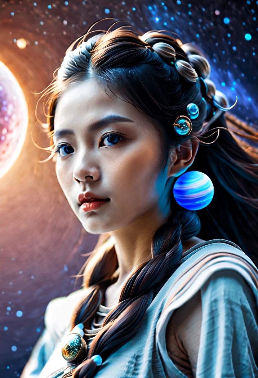 space with stars and planets, beautiful Asian sci-fi girl with long metallic braided hair and blue glowing eyes only