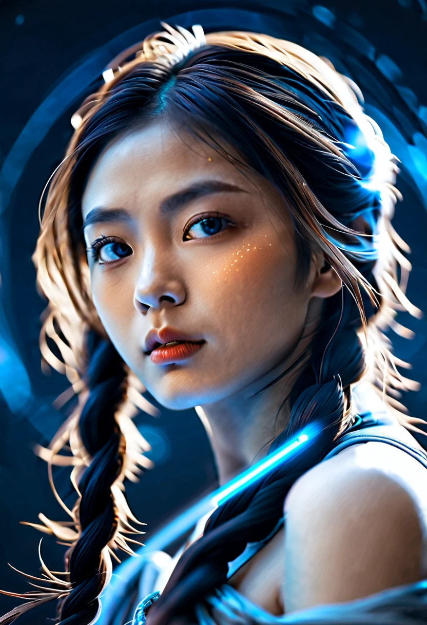 space with stars and planets, beautiful Asian sci-fi girl with long metallic braided hair and blue glowing eyes only