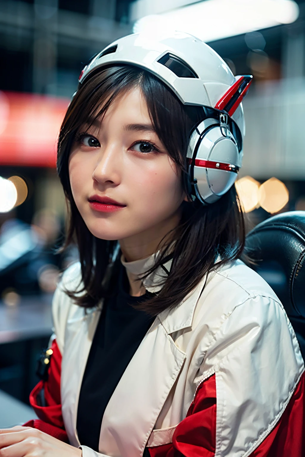 Highest image quality, excellent details, Ultra-high resolution, (fidelity: 1.4), The best illustrations, favor details, Highly condensed 1girl, with a delicate and beautiful face, Dressed in red and white mecha, Wearing a mecha helmet, holding a directional controller, riding on motorcycle, Small face、the background is a high-tech lighting scene of the futuristic city.