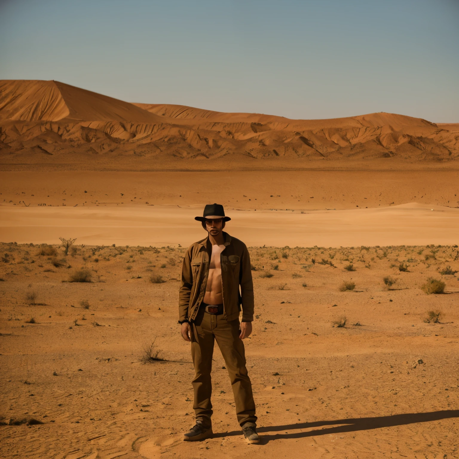 Um homem no deserto cheio de cobras