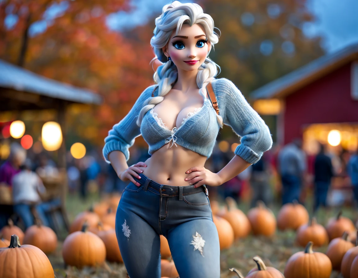 nsfw, Attractive voluptuous elsa from frozen in her late 30s with big (dirty grey hair)+ in a messy bun at a fall festival in October, lauren bobert, night time with colorful lights in the air, freckles, hoop earrings and wearing (unbuttoned blue jeans)+ and a sweater with a blouse, visible sexy lace bra, nipples poking out, torpedo tits, white cotton high waisted panties, bokeh, translucent fabric and high heels, (full body)+, fall colors, harvest time, (photorealistic 1.5)++,(Hasselblad X1D II)++, in lomostyle, film grain, subsurface scattering, HDR, chromatic aberration, volumetrics dtx
