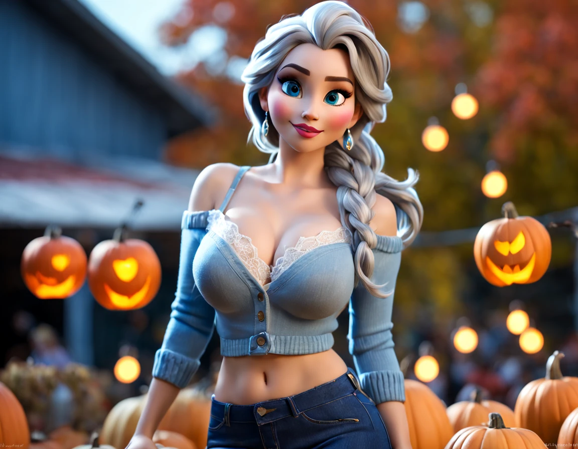 nsfw, Attractive voluptuous elsa from frozen in her late 30s with big (dirty grey hair)+ in a messy bun at a fall festival in October, lauren bobert, night time with colorful lights in the air, freckles, hoop earrings and  wearing (unbuttoned blue jeans)+ and a sweater with a blouse, visible sexy lace bra, nipples poking out, torpedo tits, white cotton high waisted panties, bokeh, translucent fabric and high heels, (full body)+, fall colors, harvest time, (photorealistic 1.5)++,(Hasselblad X1D II)++, in lomostyle, film grain, subsurface scattering, HDR, chromatic aberration, volumetrics dtx