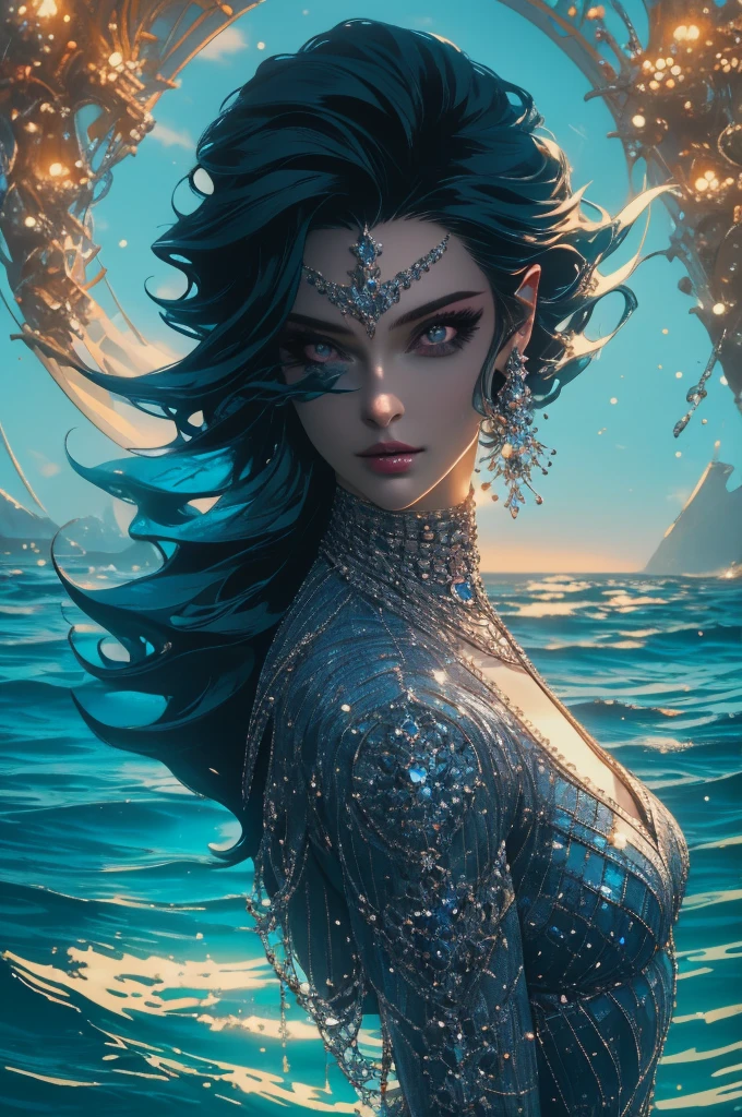 (Absurd, High Quality, Ultra Detailed, Careful With Hand) Mermaid, Mermaid Tail, Dreamy, Vivid, Romantic, Whole Body. Optimistic, Fair-Minded, hutless and Intellectual Face. Reckless, Cold-Hearted, Impatient, Overconfident Style. Mature, Dark black Eyes (Eyes Detail), Long black, dark mermaid. Hair, black Hair with Bling Bling, In The Ocean, Water