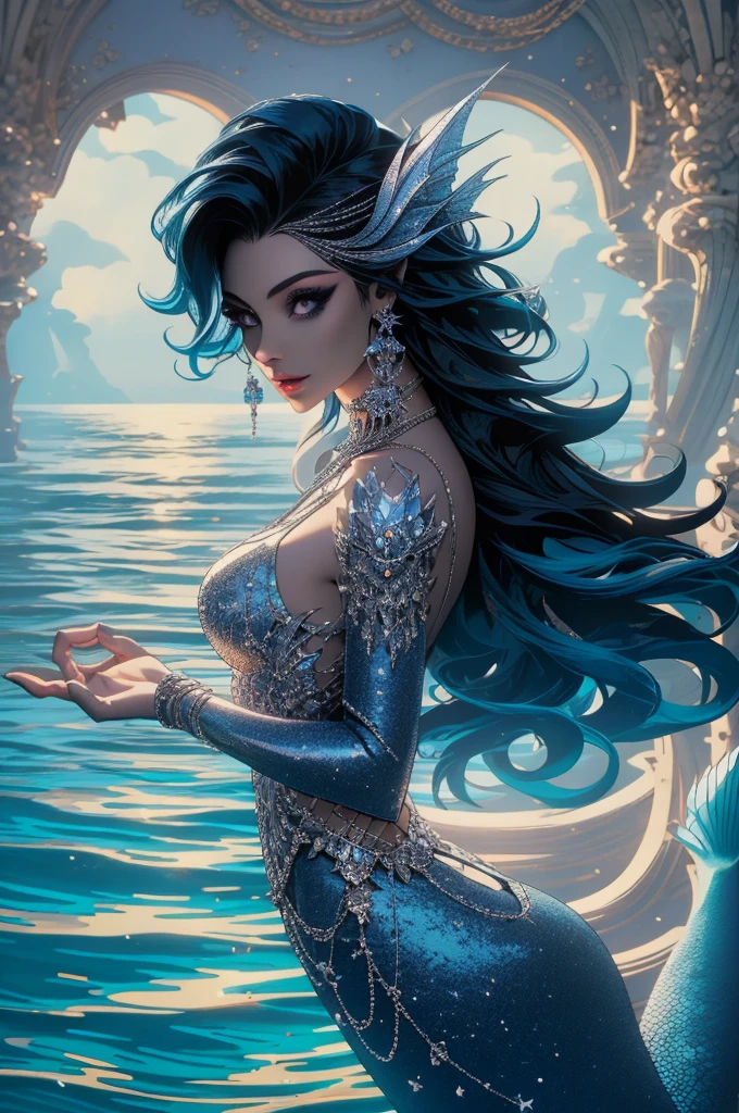 (Absurd, High Quality, Ultra Detailed, Careful With Hand) Mermaid, Mermaid Tail, Dreamy, Vivid, Romantic, Whole Body. Optimistic, Fair-Minded, hutless and Intellectual Face. Reckless, Cold-Hearted, Impatient, Overconfident Style. Mature, Dark black Eyes (Eyes Detail), Long  black, dark mermaid. Hair,  black Hair with Bling Bling, In The Ocean, Water, Dancing in the water, full body.
