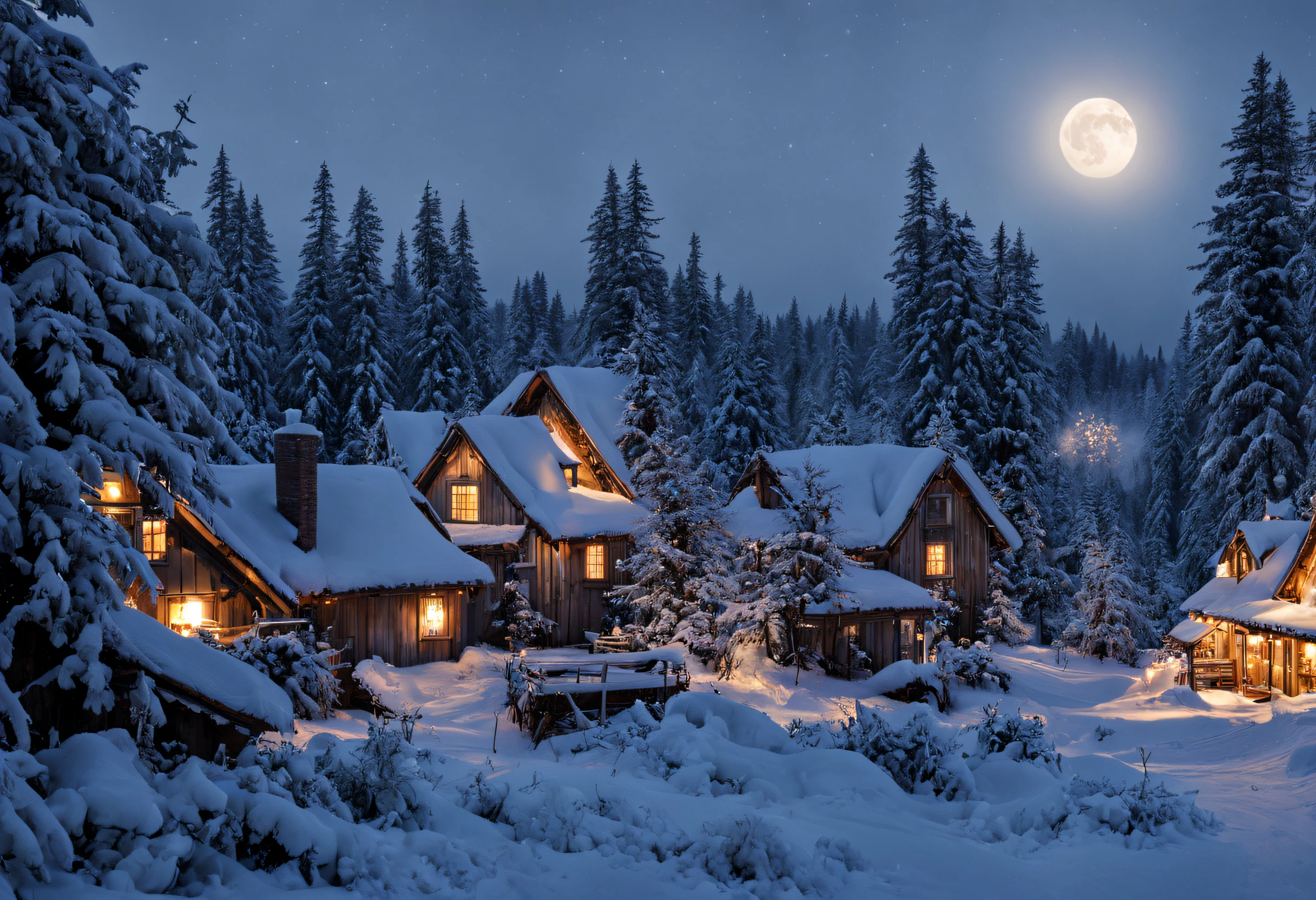 (best quality,4k,8k,highres,masterpiece:1.2),ultra-detailed,(realistic,photorealistic,photo-realistic:1.37),winter wonderland in a village with wooden houses,snow-covered scenery,cozy atmosphere,peaceful,serene,quiet,twinkling lights,smoke rising from chimneys,snowflakes gently falling from the sky,soft powdery snow on trees and rooftops,frosted windows,frozen pond with ice skaters,enchanting,whimsical,candlelit windows,children building snowmen,sleigh rides,horse-drawn carriages,jingling bells,crisp air,steaming cups of hot cocoa,roaring fireplace,woolen scarves and mittens,ice crystals reflecting sunlight,icy breath,full moon shining brightly,icy branches glistening,magical,ethereal,sparkling stars,glowing lanterns,wooden sleds leaning against houses,crunchy footsteps in the snow.