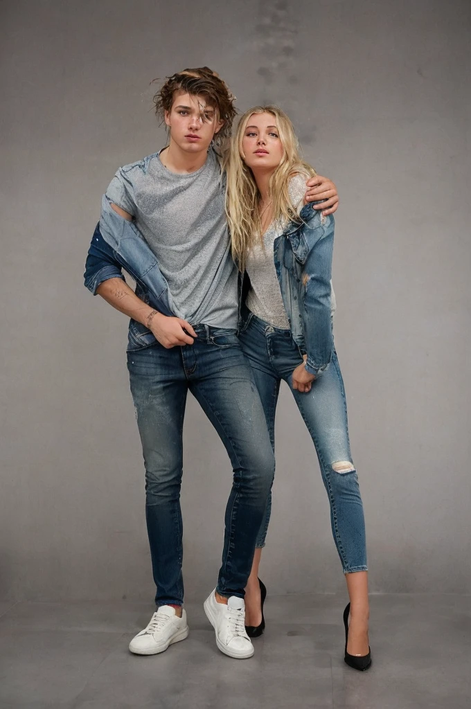 arafed image of a man and a woman posing for a picture, jeans, jeans and t shirt, denim jeans, couple pose, wearing jeans, double denim, wearing denim, blue jeans, jeans pants, commercial photo, casual pose, ( ( ( wearing jeans ) ) ), photoshoot, tight denim jeans, wearing a shirt and a jean, full body model, standing in a shower, soaking wet, water pouring through clothes, standing under shower head, SoakingWetClothes, wet hair