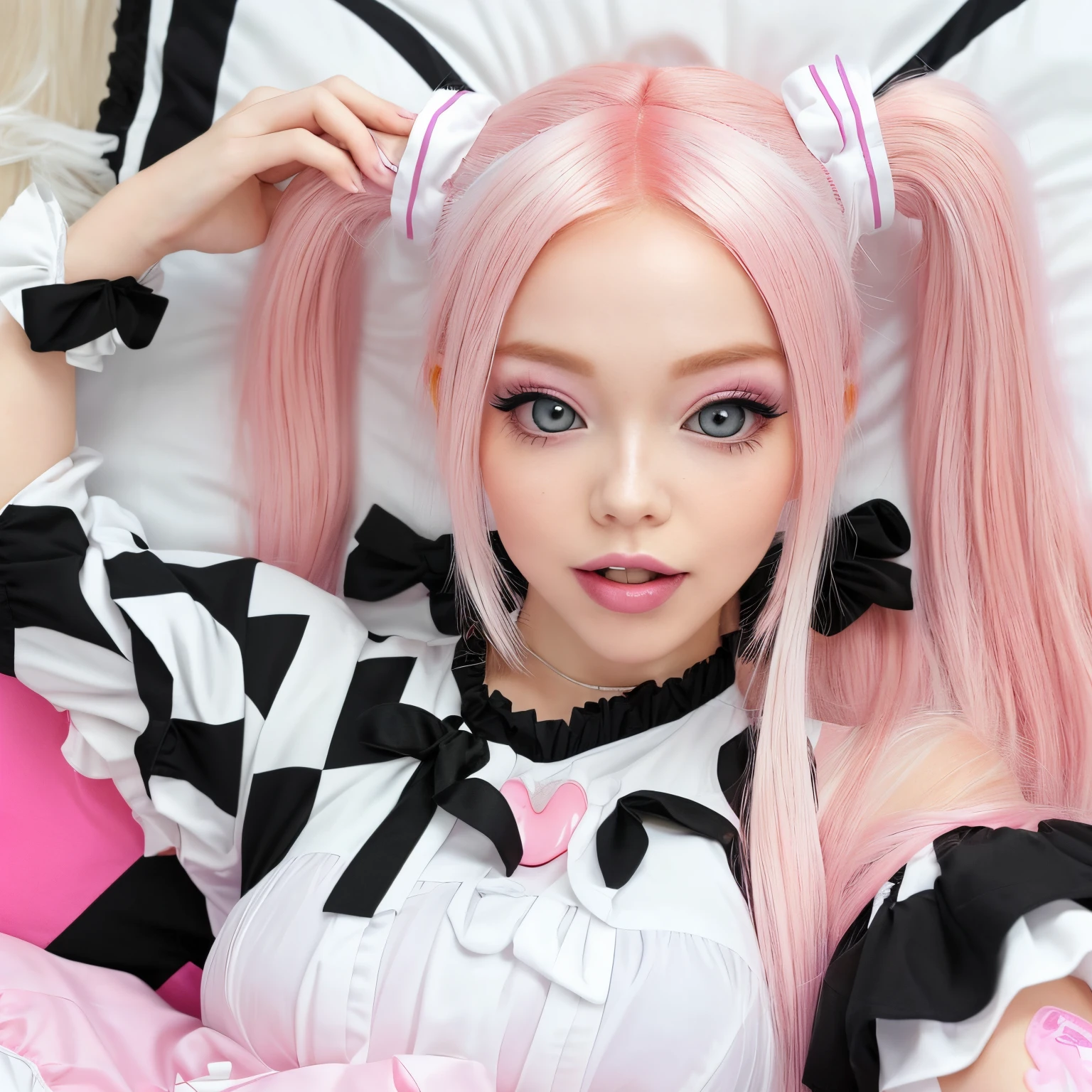 Pink haired woman in a white and black outfit laying on a bed, belle delphine, ahegao, anime vibes, ahegao face, anime barbie in white stockings, shikamimi, webcam footage, highly realistic. live cam, y 2 k cutecore clowncore, pink twintail hair and cyan eyes, blonde hair and large eyes, low quality video