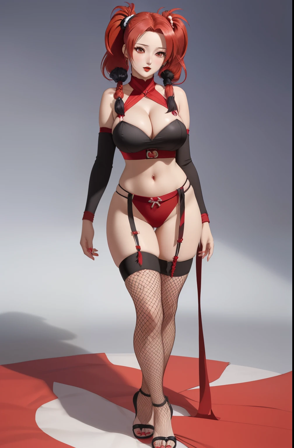 (masterpiece, best quality, ultra-detailed, ultra-HD, photorealistic, cinematic), (alluring anime girl, Temari of Naruto Shippuden anime), perfect body, perfect face, perfect hands, delicate face, (large cleavage:1.2), (round ass), (long round legs), (wide shot, full body view:1.5), (red hair 1 pigtail:1.5), (single black-colored and off-the-shoulders garment that extended to halfway down her thighs, with a scarlet sash tied around her waist), (incorporating fishnet worn over her shoulders and legs, specifically on her right calf and her left thigh), (sexy pose, side view) gradient background:1.5), (red eyes, detailed pupils, blushing, slightly parted lips, red lips), arms wide open, barefooted