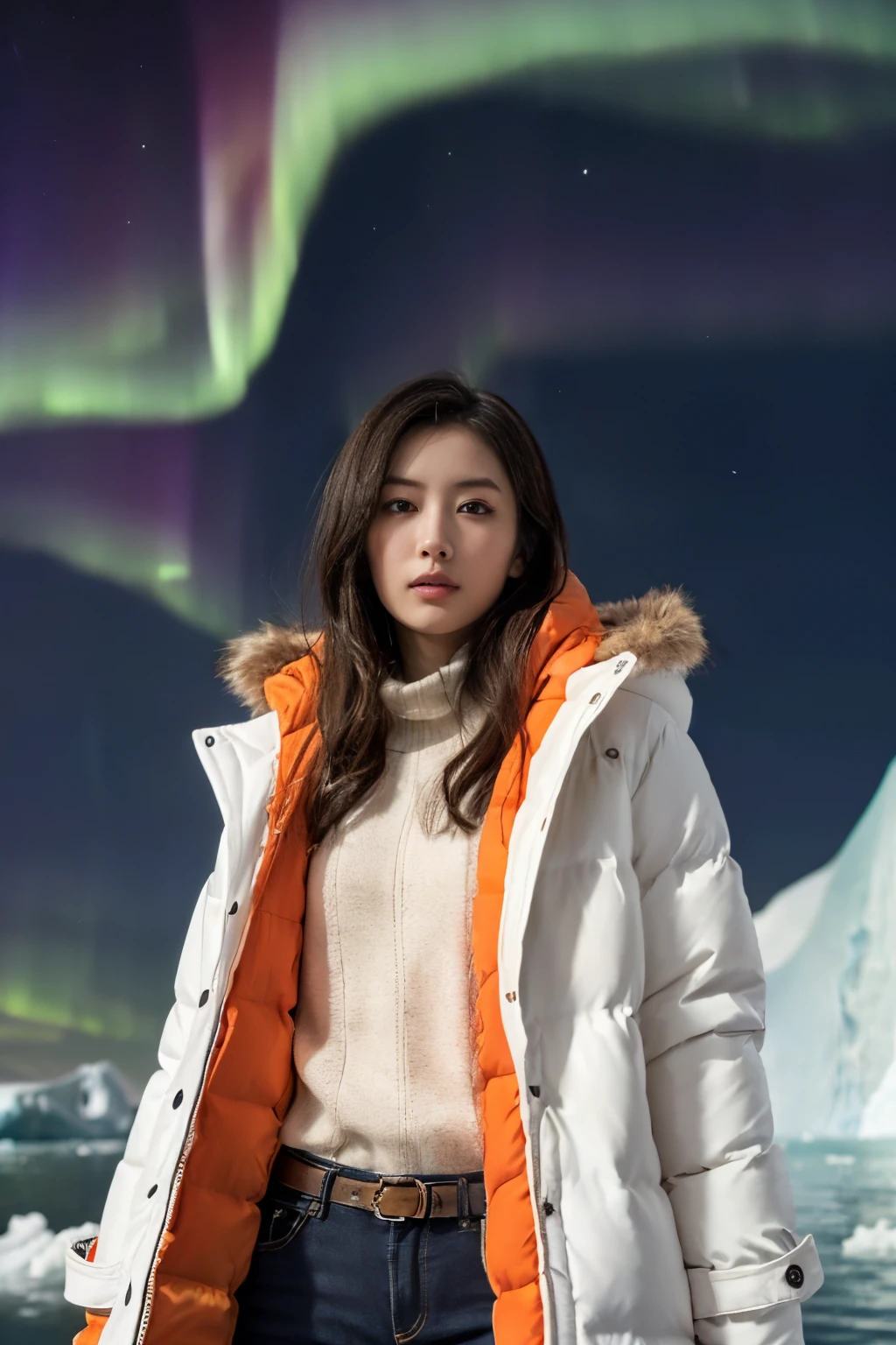 ((masutepiece:1.4, Best Quality)), (photos realistic:1.4), ((1girl in)),
(超A high resolution:1.2), Extremely delicate and beautiful, amazing, tome'It's okay, the Extremely Detailed CG Unity 8K Wallpapers, Ultra-detailed, High resolution, Soft light,
Beautiful detailed girl, extremely detailed eye and face, beautiful detailed nose, Beautiful detailed eyes,
(Wearing a colorful strawberry pattern down coat...:1.4), Lustrous black hair, Taut,
Cinematic lighting, Perfect Anatomy,
Slender body, (Standing in front of an iceberg in Antarctica at night:1.3), (Aurora Borealis in the Night Sky:1.3), Cute poses, Cowboy Shot