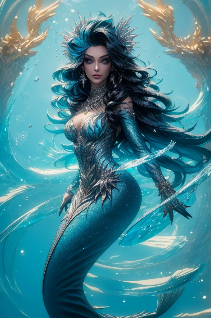 intricate blue dragon, underwater, girl standing on shore looking down at water, night, (best quality,4k,8k,highres,masterpiece:1.2),ultra-detailed,(realistic,photorealistic,photo-realistic:1.37),fantasy,cinematic lighting,dramatic lighting,vibrant colors,detailed waves,shimmering water,detailed dress,long flowing hair,beautiful detailed eyes,beautiful detailed lips,extremely detailed eyes and face,longeyelashes