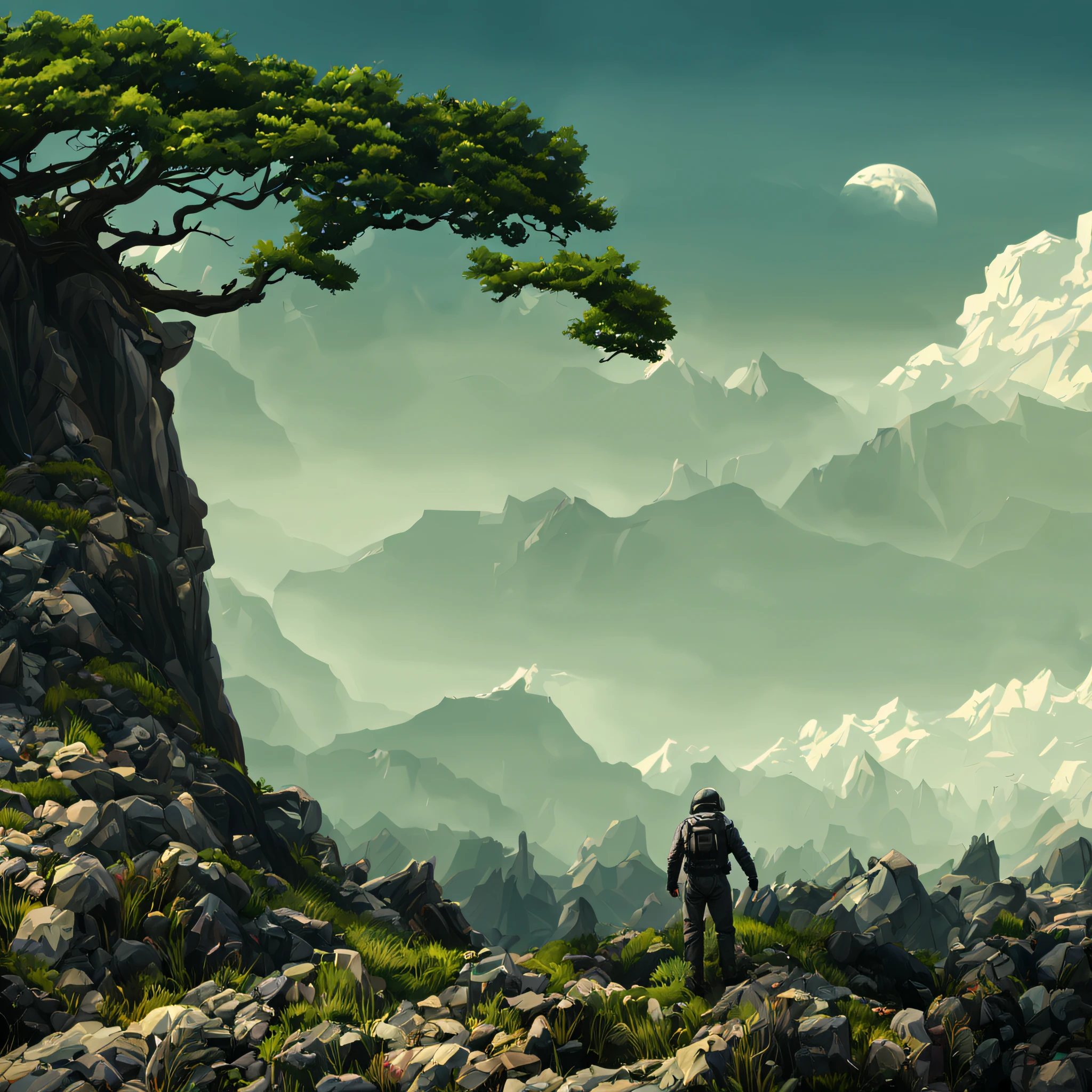create a digital matte painting of a forest landscape with many tall green trees, with giant rocky mountains in a science fiction movie setting with ancient stone temples embedded in high rocks, the scene takes place in a clearing in the center of a dense and wide forest of trees and giant plants, uma floresta distante do planeta, in the sky of this illustration, um astronauta masculino de uniforme branco caminha em uma estrada de pedra perto de uma escadaria gigante de um templo, Close detalhado e realista do astronauta, close-up do traje espacial do astronauta, close-up de perspectiva dupla de baixo para cima, add a field full of red flower buds on the ground next to a nearby path with low green grass towards the large forest and situated in the background of the scene against the background of a blue sky with white 3D clouds along a long path, ultra realism in matte painting illustration cinematography based on the matte painting art of artist Albert Whitlock