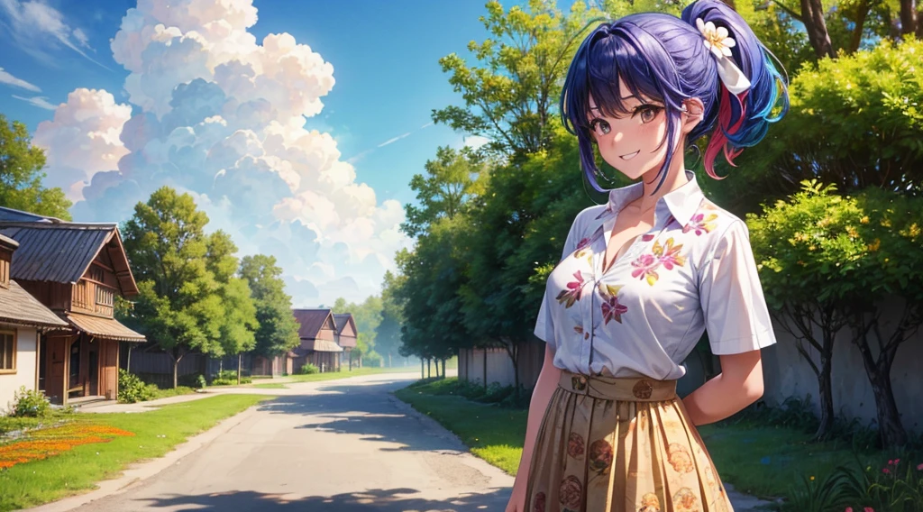 1girl, solo, summer, village, trees, sun, clouds, ((colorful hair)), ponytail, large breasts, button down, brown eyes, ((floral pattern white shirt)), ((unbuttoned shirt)), ((short sleeved shirt)), skirt, brown shoes, grin, looking at the viewer, standing, blue hair ribbon