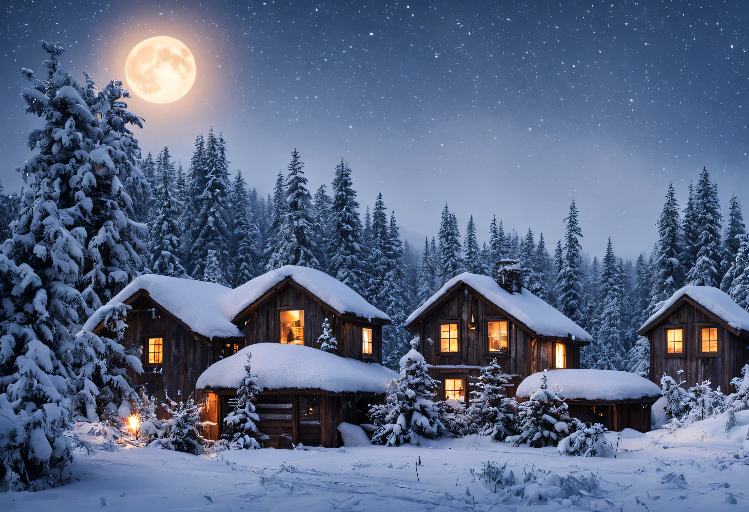 (best quality,4k,8k,highres,masterpiece:1.2),ultra-detailed,(realistic,photorealistic,photo-realistic:1.37),winter wonderland in a village with wooden houses,snow-covered scenery,cozy atmosphere,peaceful,serene,quiet,twinkling lights,smoke rising from chimneys,snowflakes gently falling from the sky,soft powdery snow on trees and rooftops,frosted windows,frozen pond with ice skaters,enchanting,whimsical,candlelit windows,children building snowmen,sleigh rides,horse-drawn carriages,jingling bells,crisp air,steaming cups of hot cocoa,roaring fireplace,woolen scarves and mittens,ice crystals reflecting sunlight,icy breath,full moon shining brightly,icy branches glistening,magical,ethereal,sparkling stars,glowing lanterns,wooden sleds leaning against houses,crunchy footsteps in the snow.