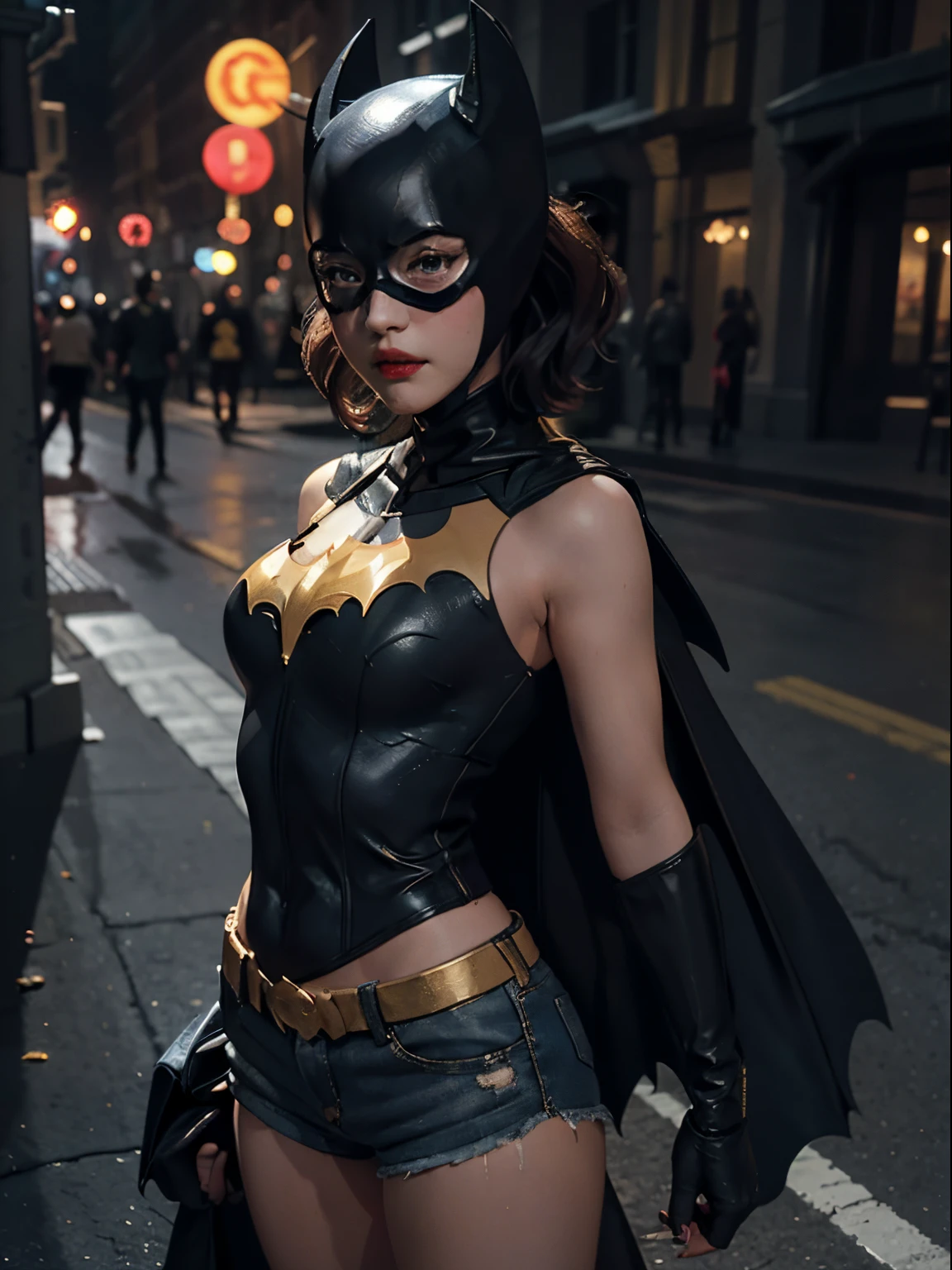 Batgirl (1girl, medium breasts, cleavage, short shorts, short cape) best quality masterpiece，超高分辨率，（fidelity：1.4）， RAW photograph，1 girl， cropped shoulders， In the dark， low tune， short detailed hair。