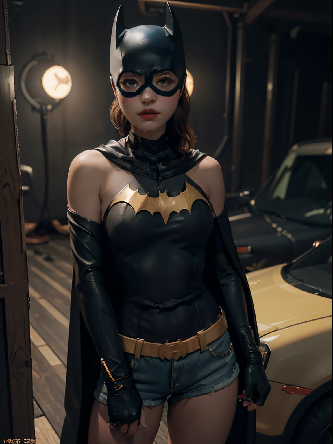 Batgirl (1girl, medium breasts, cleavage, short shorts, short cape) best quality masterpiece，超高分辨率，（fidelity：1.4）， RAW photograph，1 girl， cropped shoulders， In the dark， low tune， short detailed hair。