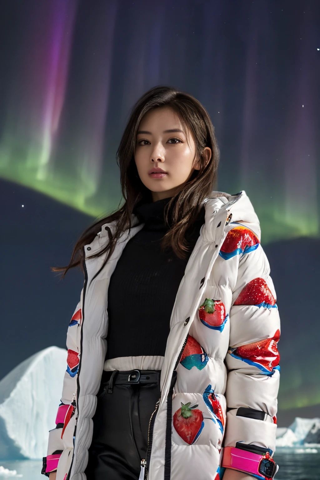 ((masutepiece:1.4, Best Quality)), (photos realistic:1.4), ((1girl in)),
(超A high resolution:1.2), Extremely delicate and beautiful, amazing, tome'It's okay, the Extremely Detailed CG Unity 8K Wallpapers, Ultra-detailed, High resolution, Soft light,
Beautiful detailed girl, extremely detailed eye and face, beautiful detailed nose, Beautiful detailed eyes,
(Wearing a colorful strawberry pattern down coat...:1.4), Lustrous black hair, Taut,
Cinematic lighting, Perfect Anatomy,
Slender body, (Standing in front of an iceberg in Antarctica at night:1.3), (Aurora Borealis in the Night Sky:1.3), Cute poses, Cowboy Shot