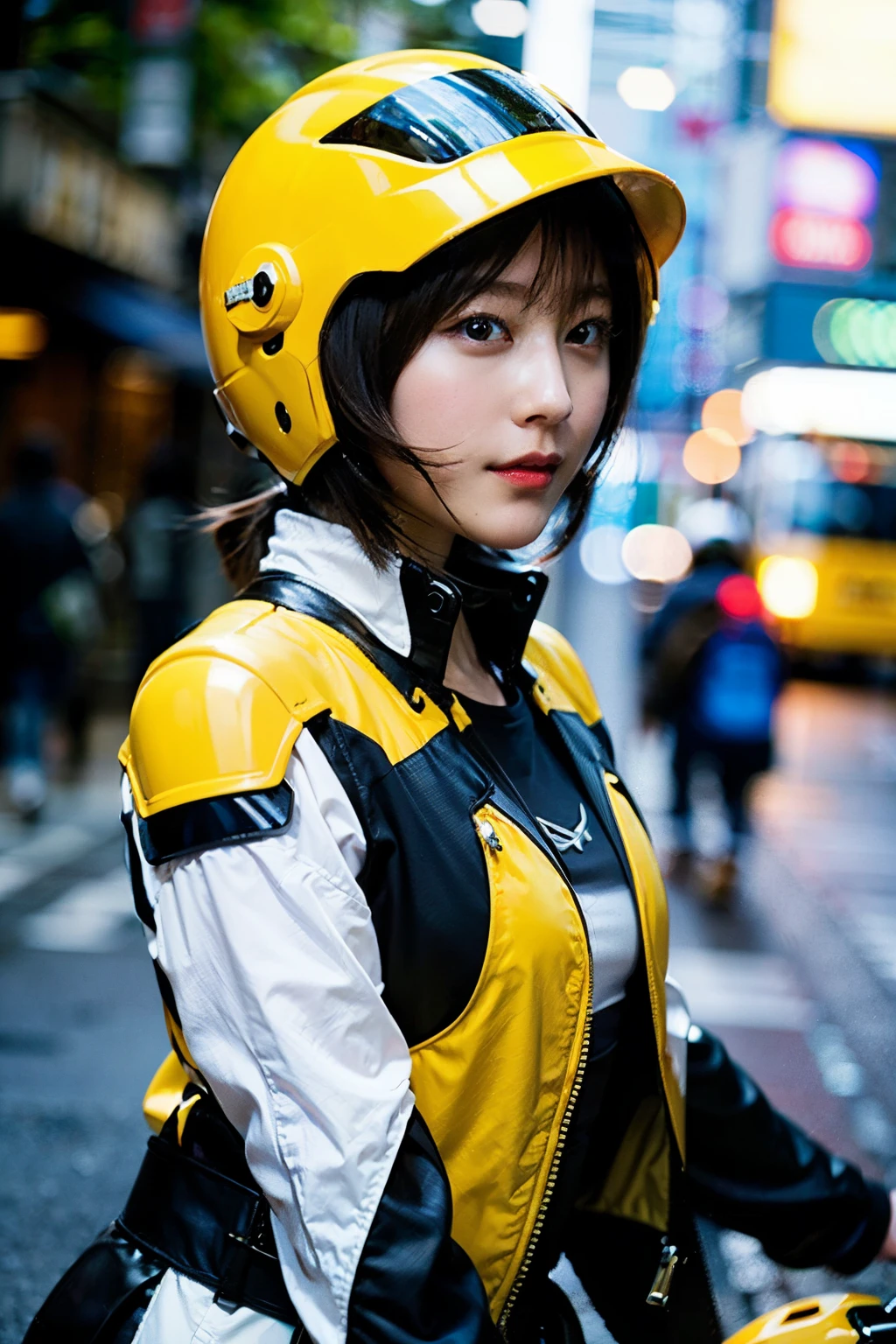 Highest image quality, excellent details, Ultra-high resolution, (fidelity: 1.4), The best illustrations, favor details, Highly condensed 1girl, with a delicate and beautiful face, Dressed in a yellow and white mecha, Wearing a mecha helmet, holding a directional controller, riding on motorcycle, Small face、the background is a high-tech lighting scene of the futuristic city.