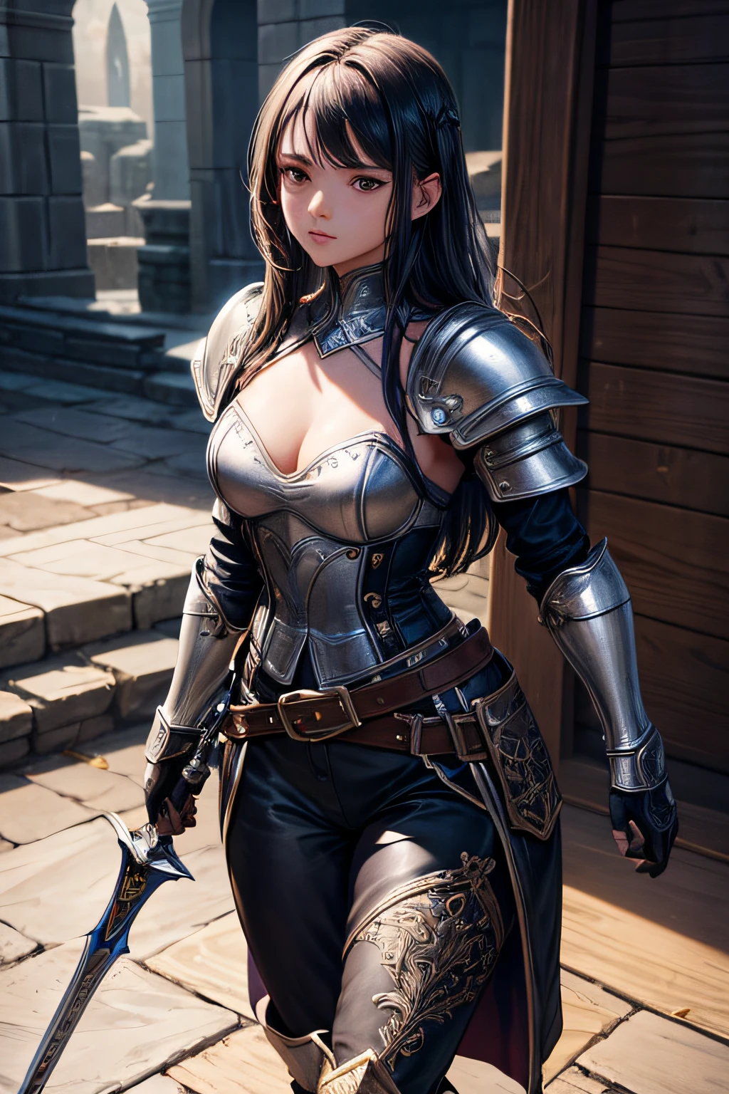 young teen girl, medieval adventurer, long pants, boots, light armor, weapons gear and accesories,, sexi, small breasts, , highly detailed, vibrant appearance, creative behavior, extremly detailed, imaginative, sensual, spontaneous, highest quality, skin texture, intricate details, (cinematic lighting), RAW photo, 8k, masterpiece,best quality,ultra-detailed,very detailed illustrations,extremely detailed,intricate details,highres,super complex details,extremely detailed 8k cg wallpaper,