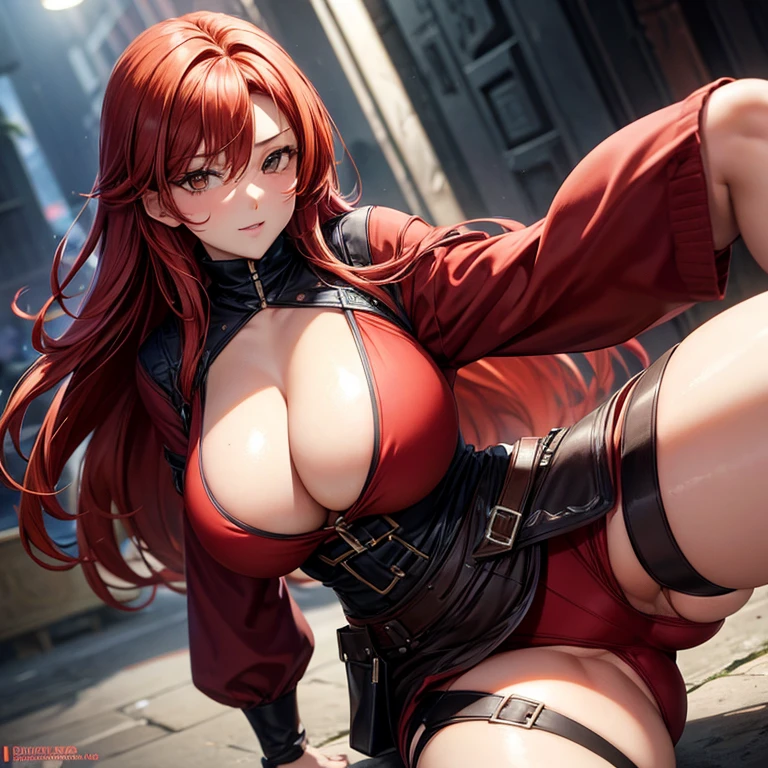 red hair, big boobs, thick thighs, dark brown eyes, cute but sexual pose, very lewd,