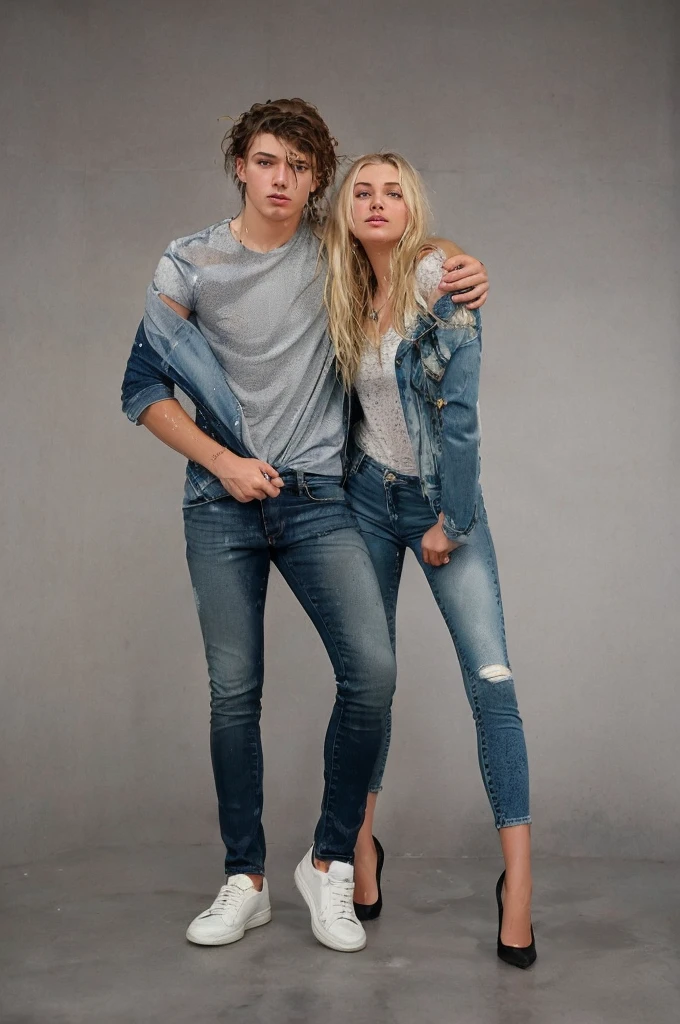 arafed image of a man and a woman taking a shower, jeans, jeans and t shirt, denim jeans, couple pose, wearing jeans, double denim, wearing denim, blue jeans, jeans pants, commercial photo, casual pose, ( ( ( wearing jeans ) ) ), photoshoot, tight denim jeans, wearing a shirt and a jean, full body model, standing in a shower, soaking wet, water pouring through clothes, standing under shower head, SoakingWetClothes, wet hair