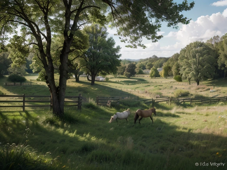 (best quality,4k,8k,highres,masterpiece:1.2),ultra-detailed,(realistic,photorealistic,photo-realistic:1.37),HDR,UHD,studio lighting,ultra-fine painting,sharp focus,physically-based rendering,extreme detail description,professional,vivid colors,bokeh,horses in a green meadow with lush vegetation,trees,bushes,old wooden fence,Clear sunny day,scenic landscape,horizon,rolling hills,gentle breeze,soft grass,clear blue sky,fluffy white clouds,sunlight filtering through the trees,fresh and vibrant colors,peaceful atmosphere,tranquil setting,serene ambiance,harmony with nature