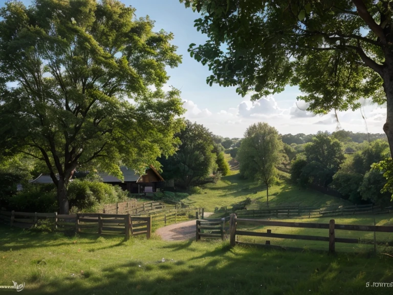 (best quality,4k,8k,highres,masterpiece:1.2),ultra-detailed,(realistic,photorealistic,photo-realistic:1.37),HDR,UHD,studio lighting,ultra-fine painting,sharp focus,physically-based rendering,extreme detail description,professional,vivid colors,bokeh,horses in a green meadow with lush vegetation,trees,bushes,old wooden fence,Clear sunny day,scenic landscape,horizon,rolling hills,gentle breeze,soft grass,clear blue sky,fluffy white clouds,sunlight filtering through the trees,fresh and vibrant colors,peaceful atmosphere,tranquil setting,serene ambiance,harmony with nature
