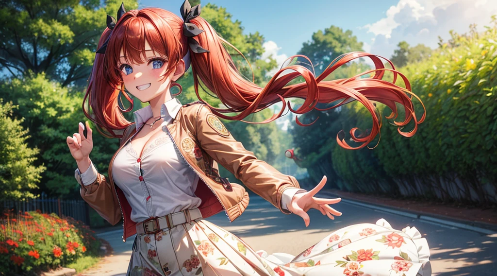 1girl, solo, full body, summer, village, trees, long hair, red hair, curly hair, twintail, large breasts, black and red sport bra, belly, dark blue eyes, ((opened brown zipper jacket)), pants, grin, looking at the viewer, running, hair ribbon
