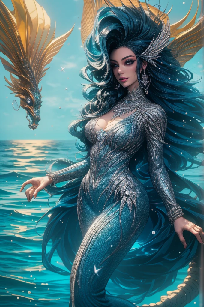 (Absurd, High Quality, Ultra Detailed, Careful With Hand) Mermaid, Mermaid Tail, Dreamy, Vivid, Romantic, Whole Body. Optimistic, Fair-Minded, hutless and Intellectual Face. Reckless, Cold-Hearted, Impatient, Overconfident Style. Mature, Dark black Eyes (Eyes Detail), Long black, dark mermaid. Hair, black Hair with Bling Bling, In The Ocean, Water, Dancing in the water, full body.