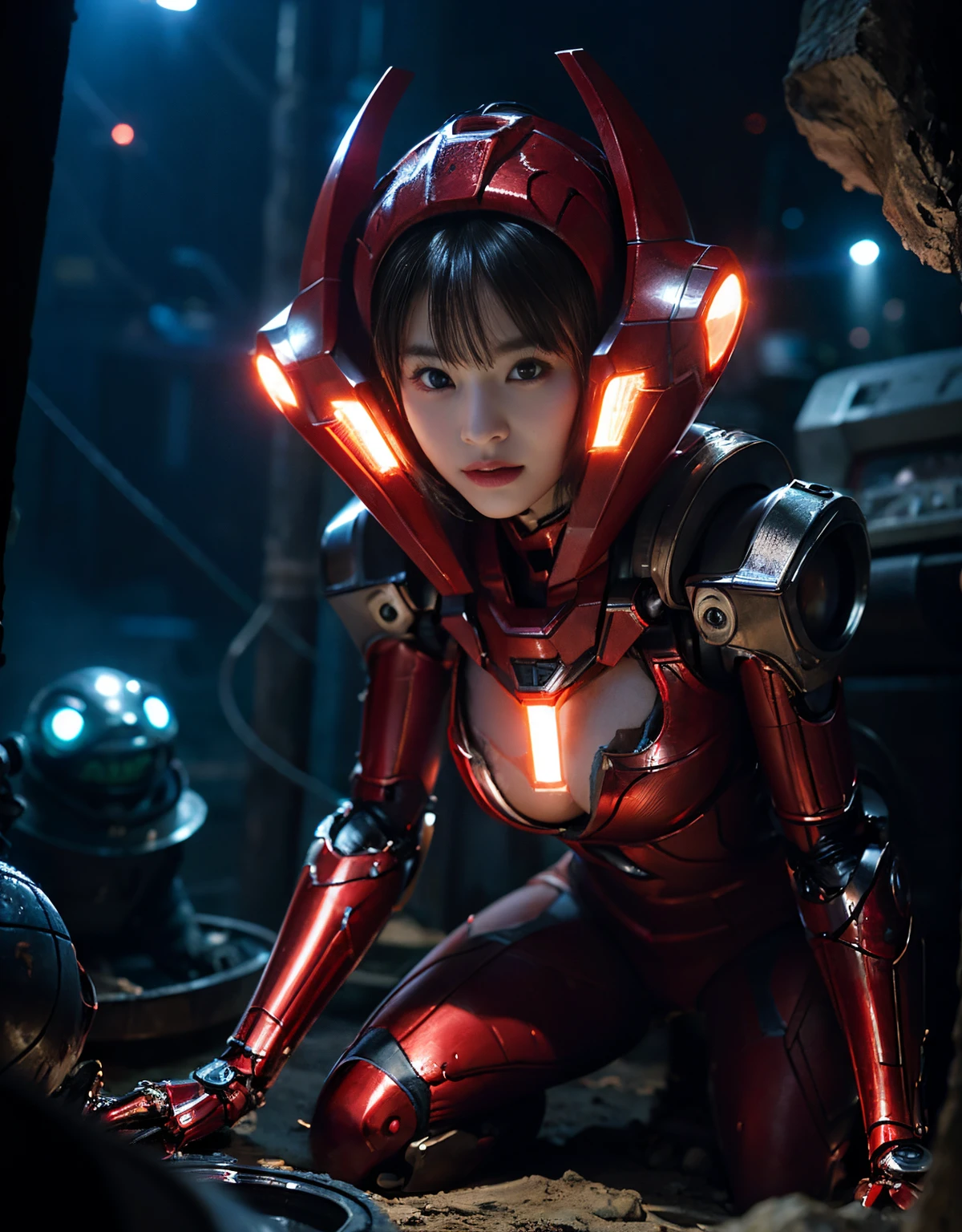 (1 Mechanical Girl)、top-quality、masterpiece、超A high resolution、(Photorealsitic:1.4)、Raw photo、女の子1人、Golden hair、glowy skin、(((1 Mechanical Girl)))、With a beautiful knife、(Blue Metal Bodysuit)、(Fight fiercely against aliens)、Fight fiercely、(beautiful forest background)、(Fighting Demonic Beasts)、(Small LED)、((super realistic details))、portlate、(Strong giant demon beast background),globalillumination、Shadow、octan render、8K、ultrasharp、Colossal tits、Raw skin is exposed in cleavage、metals、Details of complex ornaments、Japan details、highly intricate detail、Realistic light、(Mystical expression),CGSoation Trends、Red Eyes、radiant eyes、Facing the camera、neon details、(Mechanical limbs)、(blood vessels connected to tubes)、Mechanical vertebrae attached to the back、mechanical cervical attaching to neck、(Wires and cables connecting to the head)、Gundam、Small LED、,Mechanical thighs、Toostock、(Hands are also made of machines)、(Attack of the Monster Beasts)、(Wounded in a deadly battle)、