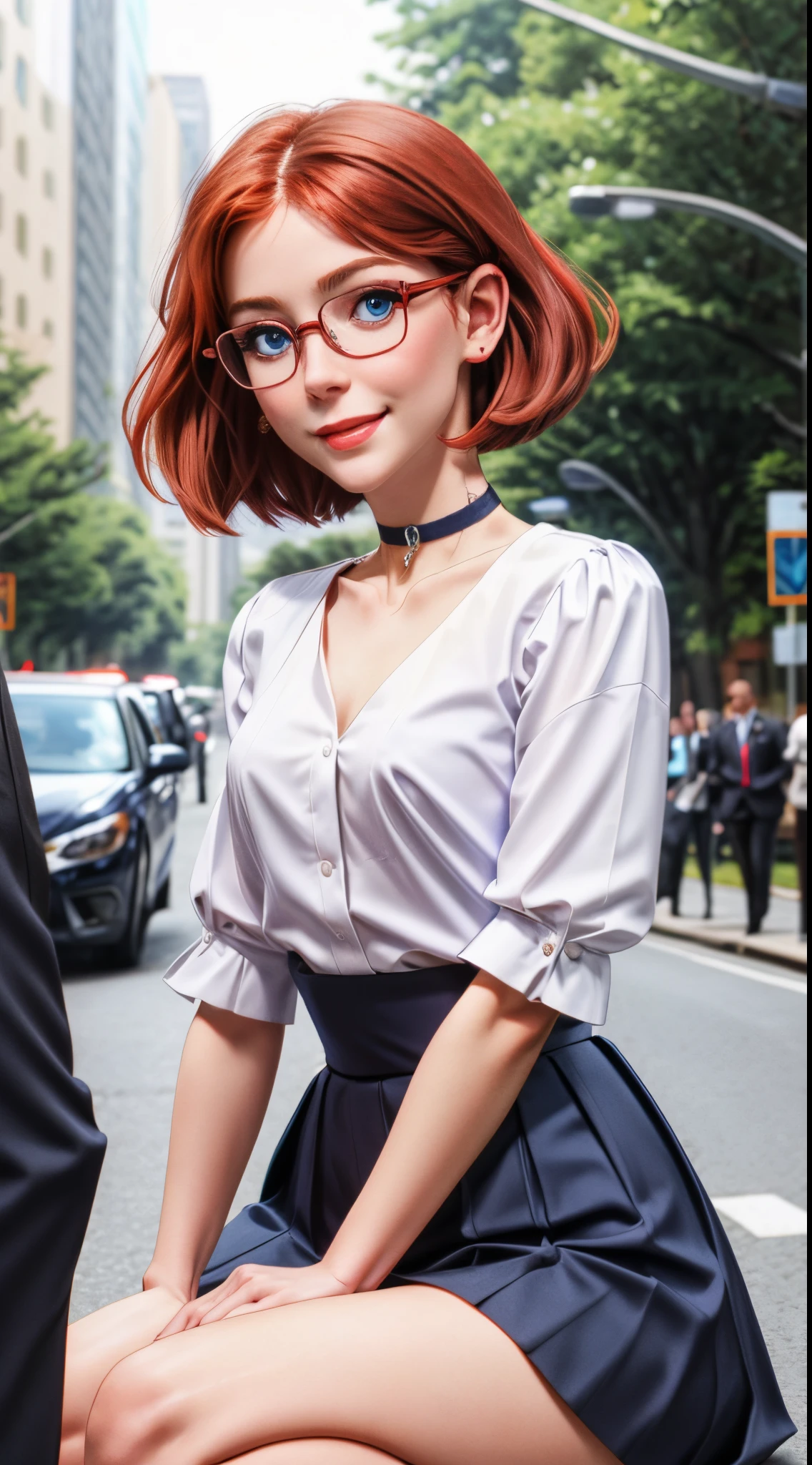 (8K, fine details, photography, hyper realism, Beautiful 25-year-old red-haired woman, small head, fair and , elegant short hair, (Square face), (thin chin), eyes together, blue eyes with prescription glasses, ( (small, sharp nose): 1.2 and with ((high tip)), serene expression with a look of empathy, ((small mouth): 1.3, elegant smile, very feminine appearance, wearing a white formal blouse and a black, blue formal skirt, choker , thin waist, thick thighs, on a busy street,