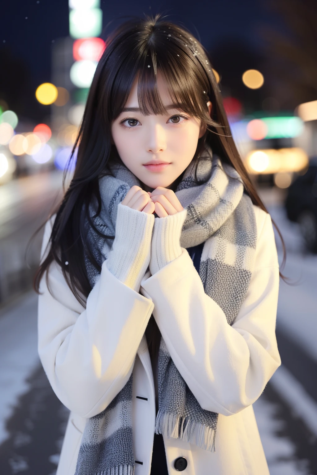 (A close-up of one girl is、I have long hair with dull bangs in a winter uniform and scarf coat:1.5)、(One girl with sad face and hair fluttering in the wind :1.3)、(Snowy winter night street corner with Christmas lights:1.5)、(Perfect Anatomy:1.3)、(No mask:1.3)、(complete fingers:1.Phototriaritic、Photography、masutepiece、top-quality、High resolution, delicate and pretty、face perfect、Delicate and beautiful eye air skin、Real Human Skin、pores、((thin legs))、(Dark hair)