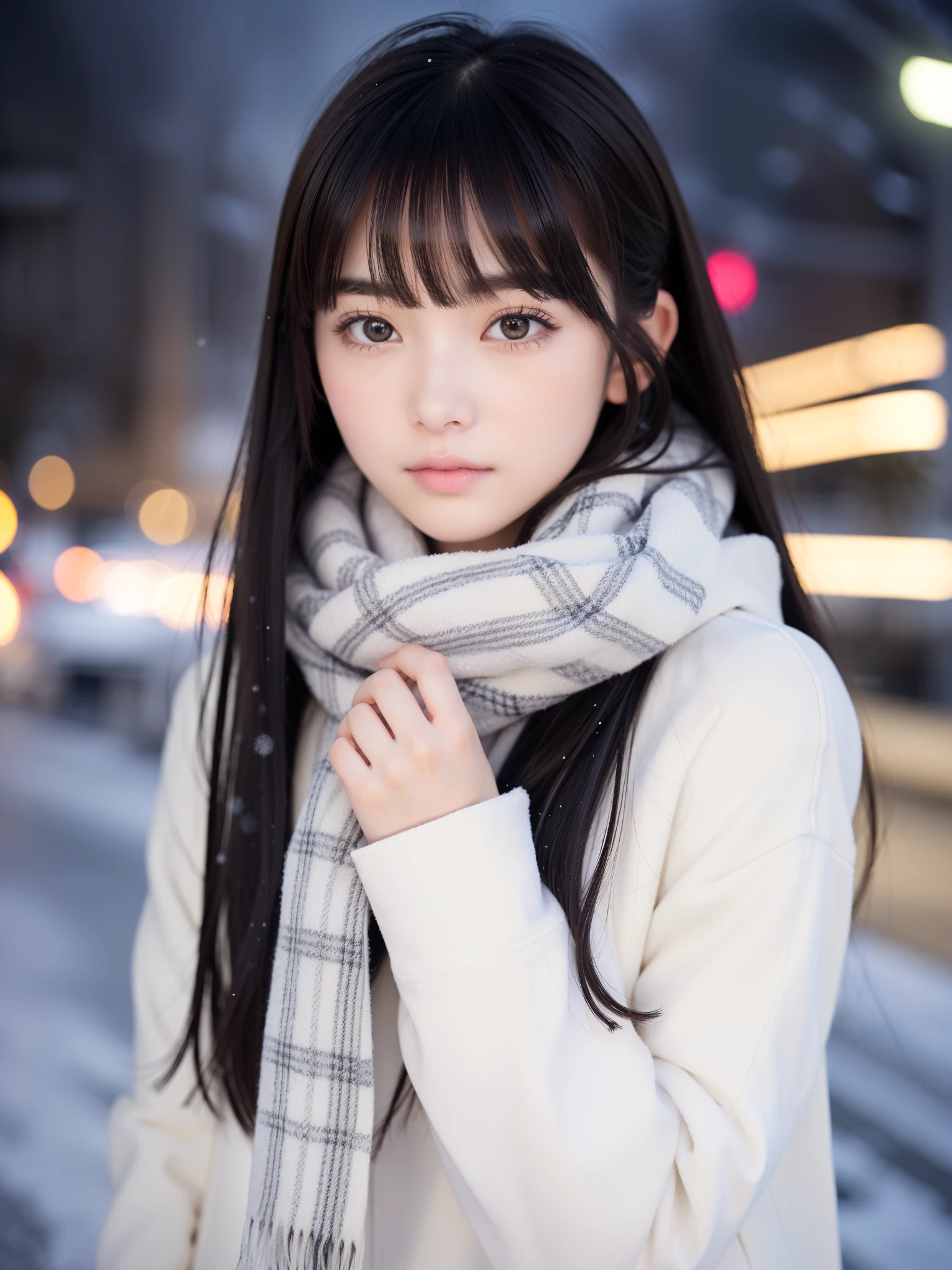 (A close-up of one girl is、I have long hair with dull bangs in a winter uniform and scarf coat:1.5)、(One girl with sad face and hair fluttering in the wind :1.3)、(Snowy winter night street corner with Christmas lights:1.5)、(Perfect Anatomy:1.3)、(No mask:1.3)、(complete fingers:1.Phototriaritic、Photography、masutepiece、top-quality、High resolution, delicate and pretty、face perfect、Delicate and beautiful air skin around the eyes、Real Human Skin、pores、((thin legs))、(Dark hair)