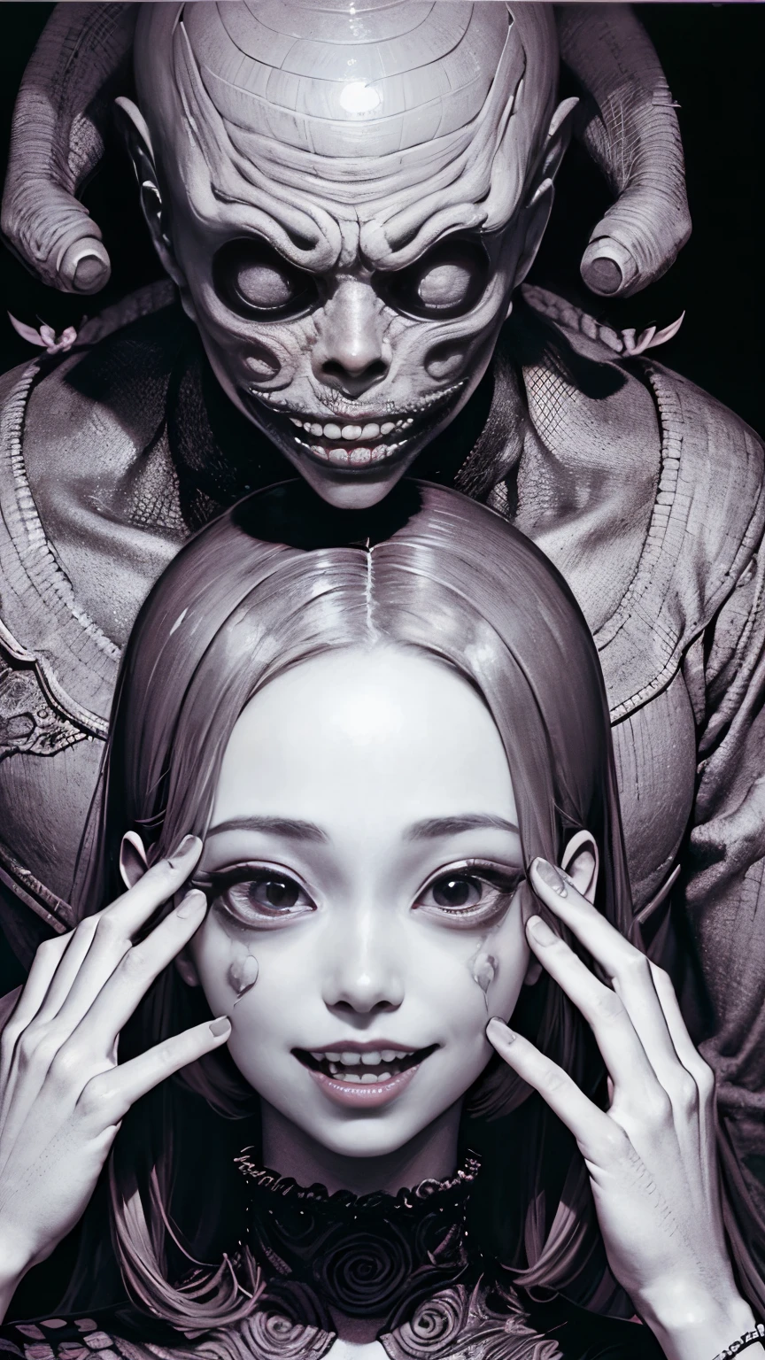 (Junji Ito:1.5), girl portrait, horripilante, oscuro, blanco y negro, Arte lineal detallado del manga, asustado, horrorizado, sonrisa espeluznante, inquietante, turbador, (Estilo manga de terror), torcido, psychological horror, grotesco, morbid, surrealista]