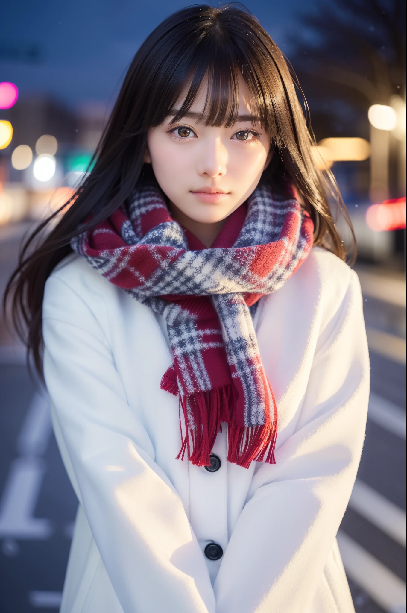 (A close-up of one girl is、I have long hair with dull bangs in a winter uniform and scarf coat:1.5)、(One girl with sad face and hair fluttering in the wind :1.3)、(Snowy winter night street corner with Christmas lights:1.5)、(Perfect Anatomy:1.3)、(No mask:1.3)、(complete fingers:1.Phototriaritic、Photography、masutepiece、top-quality、High resolution, delicate and pretty、face perfect、Delicate and beautiful air skin around the eyes、Real Human Skin、pores、((thin legs))、(Dark hair)