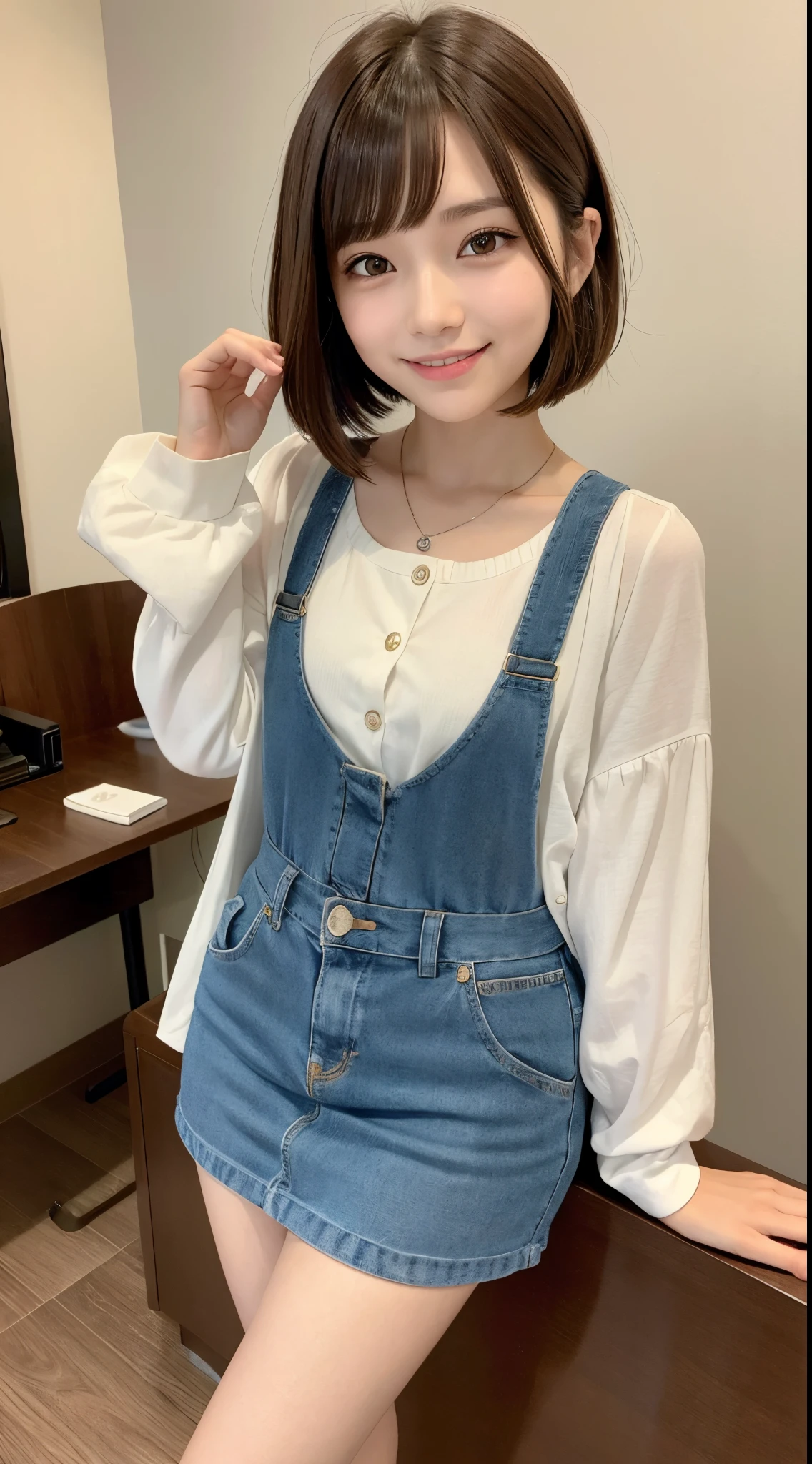 She has brown bob cut hair、Cute smile、Small eyes、lips are thin and small、