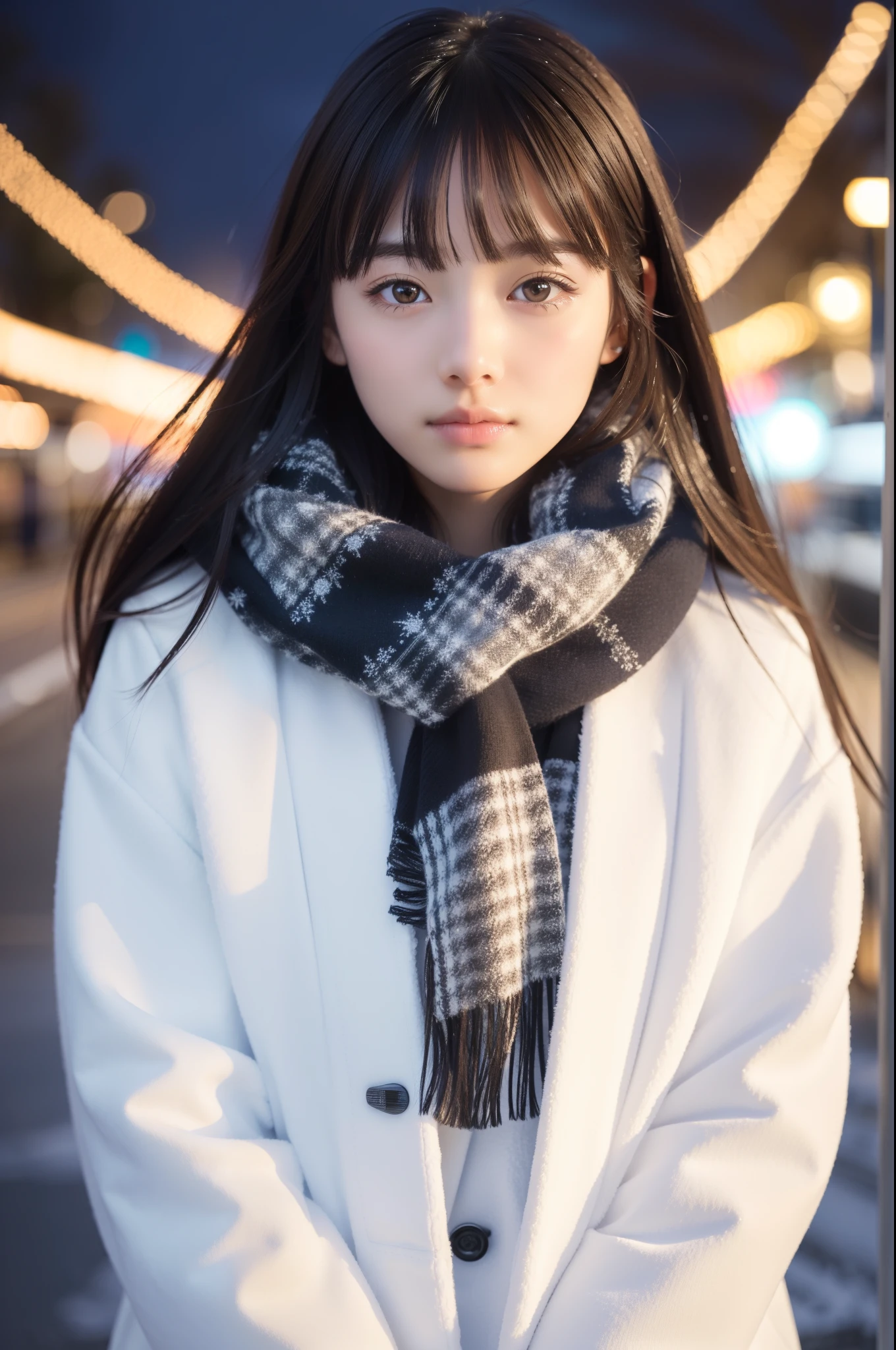(A close-up of one girl is、I have long hair with dull bangs in a winter uniform and scarf coat:1.5)、(One girl with sad face and hair fluttering in the wind :1.3)、(Snowy winter night street corner with Christmas lights:1.5)、(Perfect Anatomy:1.3)、(No mask:1.3)、(complete fingers:1.Phototriaritic、Photography、masutepiece、top-quality、High resolution, delicate and pretty、face perfect、Delicate and beautiful air skin around the eyes、Real Human Skin、pores、((thin legs))、(Dark hair)