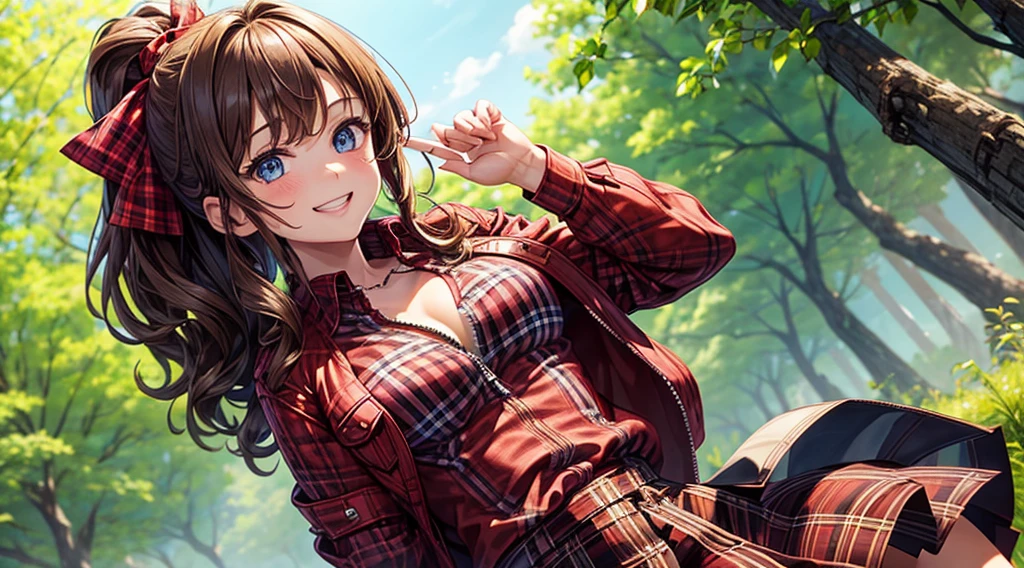 1girl, solo, summer, village, trees, brown hair, curly hair, ponytail, large breasts, button down, ((red checked shirt)), ((unbuttoned shirt)), dark blue eyes, ((opened brown zipper jacket)), skirt, grin, looking at the viewer, standng, hair ribbon