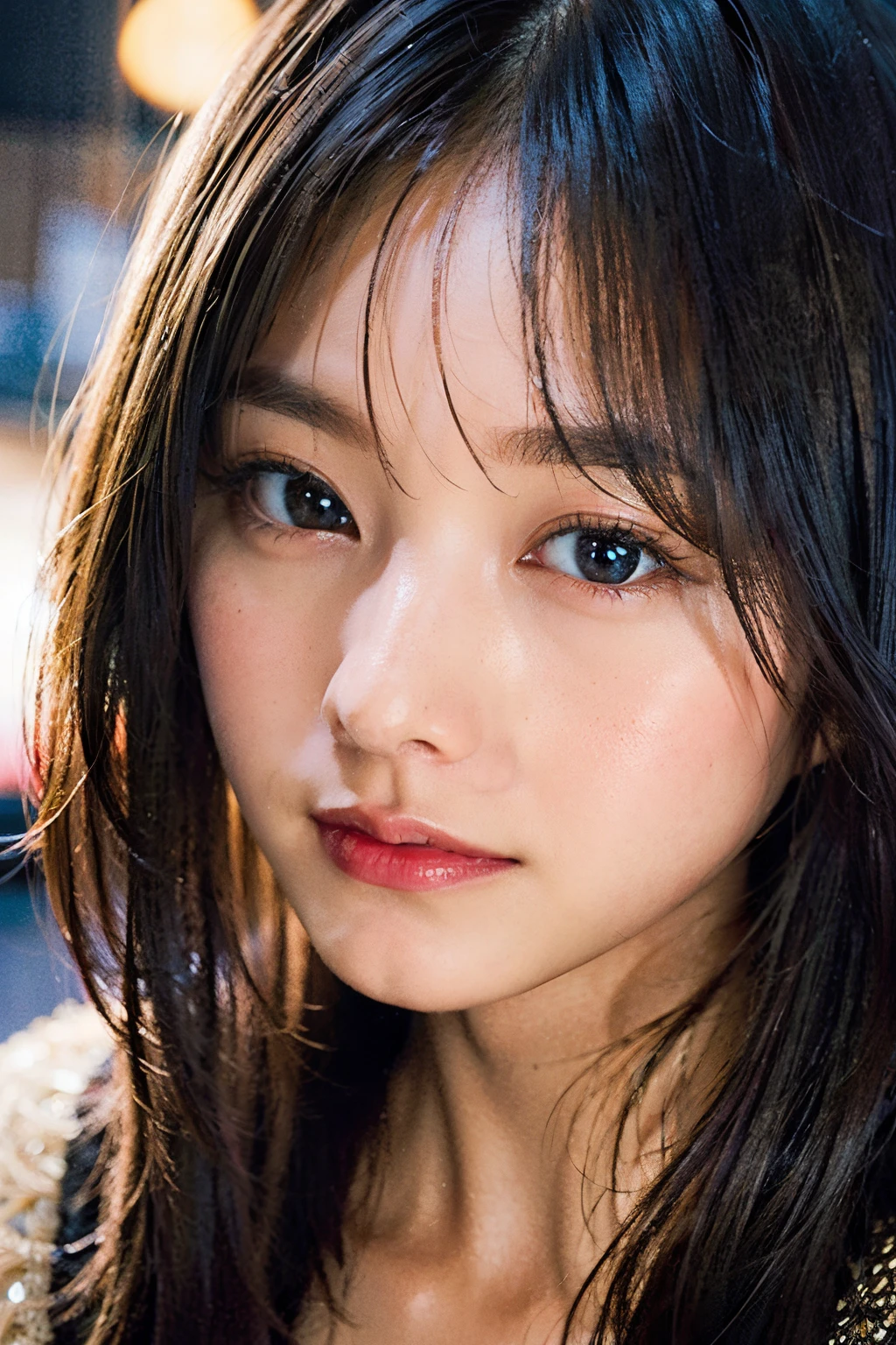 SNTHWVE Style, nvinkpunk close-up face portrait (((SKS Person))), smooth soft skin, big dreamy eyes, beautiful intricate colored hair, Symmetrical, anime wide eyes, Soft lighting, Detailed face, by makoto shinkai, Stanley Artgerm Lau, wlop, rossdraws, Concept art, Digital Painting, Look into the camera
