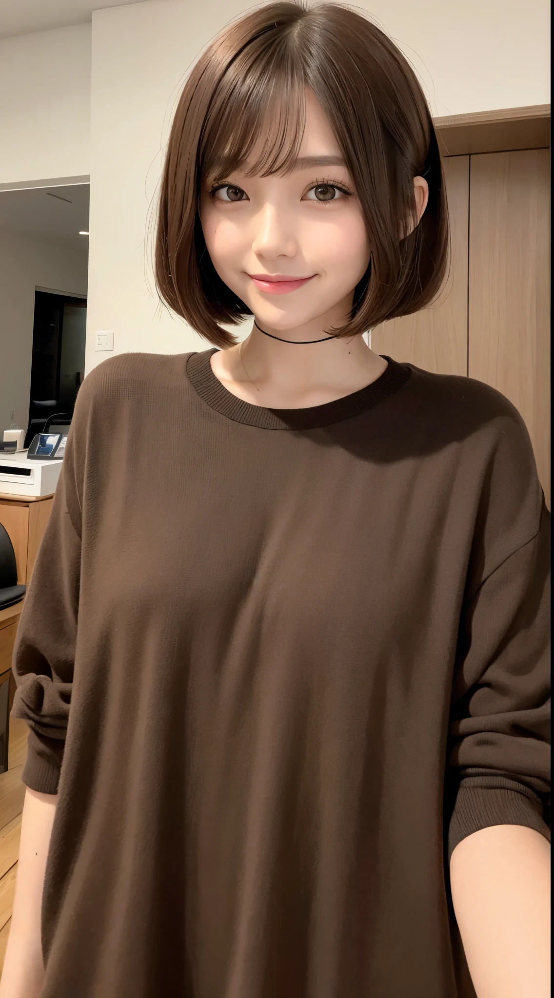 She has brown bob cut hair、Cute smile、Small eyes、lips are thin and small、