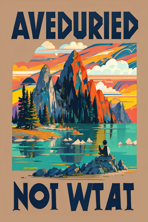 a poster with a mountain and lake in the background, by Dave Arredondo, muted flat surreal design, by Edward Avedisian, by Sven Nordqvist, inspired by André Beauneveu, inspired by Dave Arredondo, travel poster, inspired by Edward Avedisian, inspired by Wes Anderson, vibrant tourism poster, inspired by NEVERCREW, annoyed