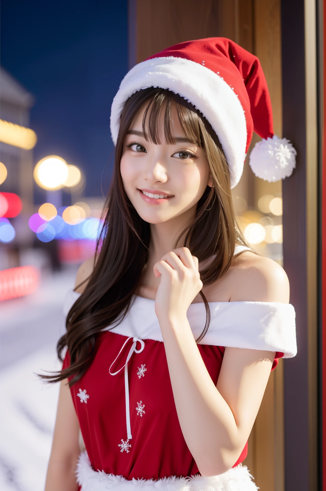(Best Quality,4K,8K,hight resolution,masutepiece:1.2),Ultra-detailed,(Realistic,Photorealistic,Photorealsitic:1.37),young girl in santa claus costume,Short hair,Soft smile,Off-shoulder,Highest quality materials,Festive atmosphere,warm and cozy room,Twinkling Christmas Lights,Decorated Christmas Tree,Colorful presents,Sparkling snowflakes,Delicate ornaments,Joyful expression,Beautifully wrapped gifts,magical feeling vibes,snow-covered window,Red Santa Hat,Innocent and pure,playful and cheerful,Rooftop background,Excitement in the air,Holiday spirit,Festive decorations,Vibrant colors,peaceful and serene,anticipation,magic unicorn toy,Adorable and adorable,attractive and lively,Heartwarming scenes,unforgettable holiday memories、scapular、Looks Back