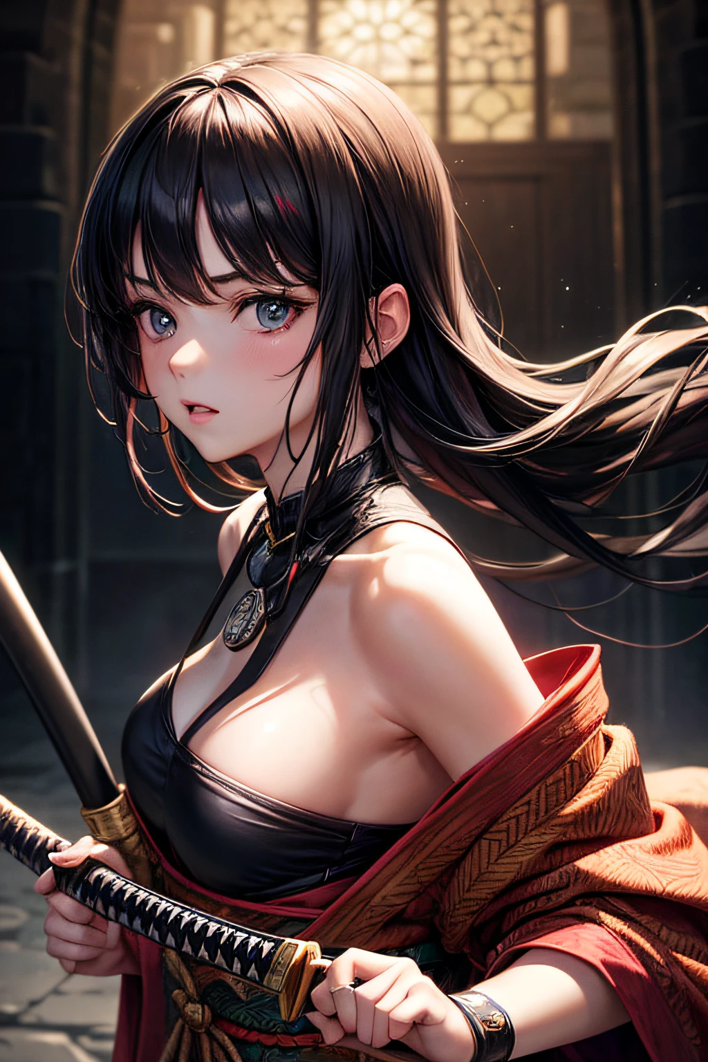 , medieval samurai, armored kimono, wielding a katana, small breasts,, highly detailed, vibrant appearance, creative behavior, extremly detailed, imaginative, sensual, spontaneous, highest quality, skin texture, intricate details, (cinematic lighting), RAW photo, 8k, masterpiece,best quality,ultra-detailed,very detailed illustrations,extremely detailed,intricate details,highres,super complex details,extremely detailed 8k cg wallpaper,